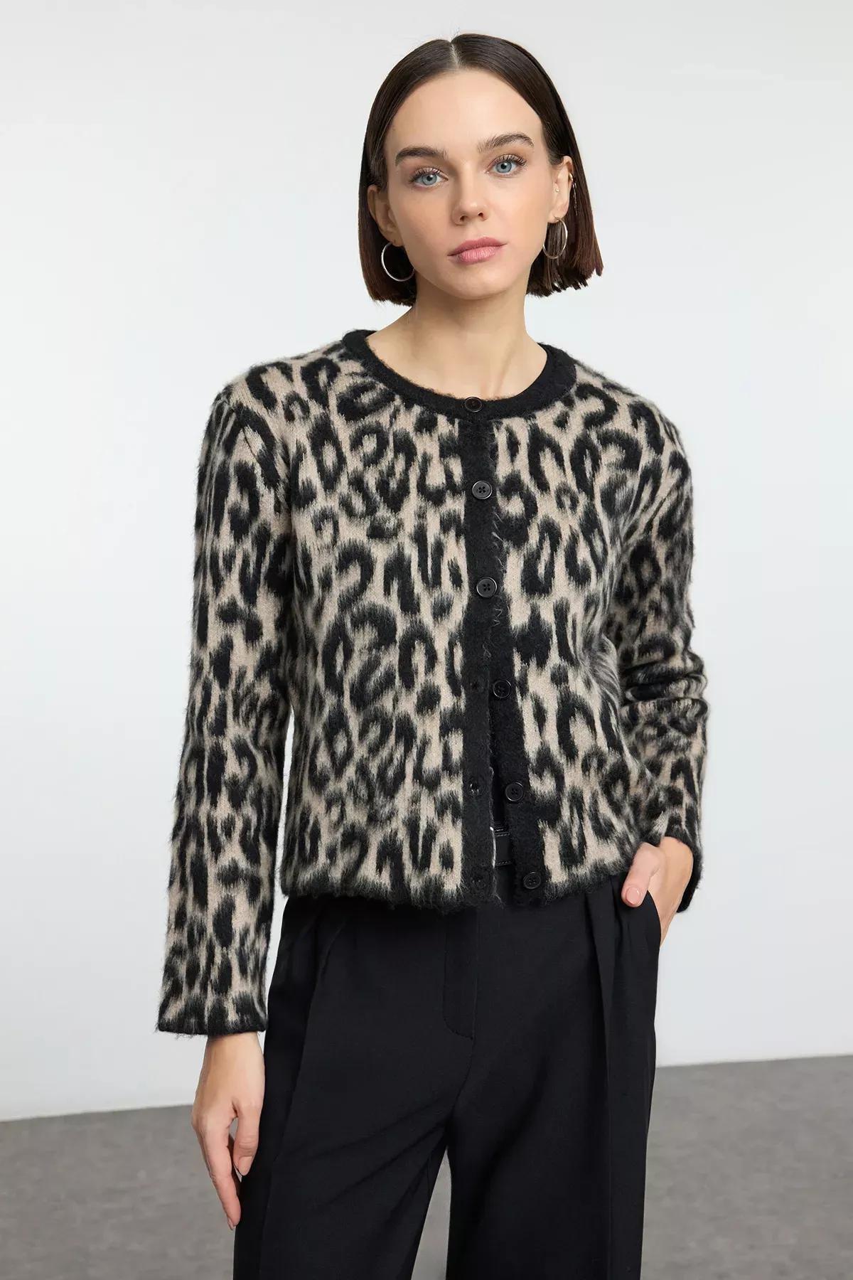 Brown Leopard Patterned Knitted Cardigan, , large image number 0