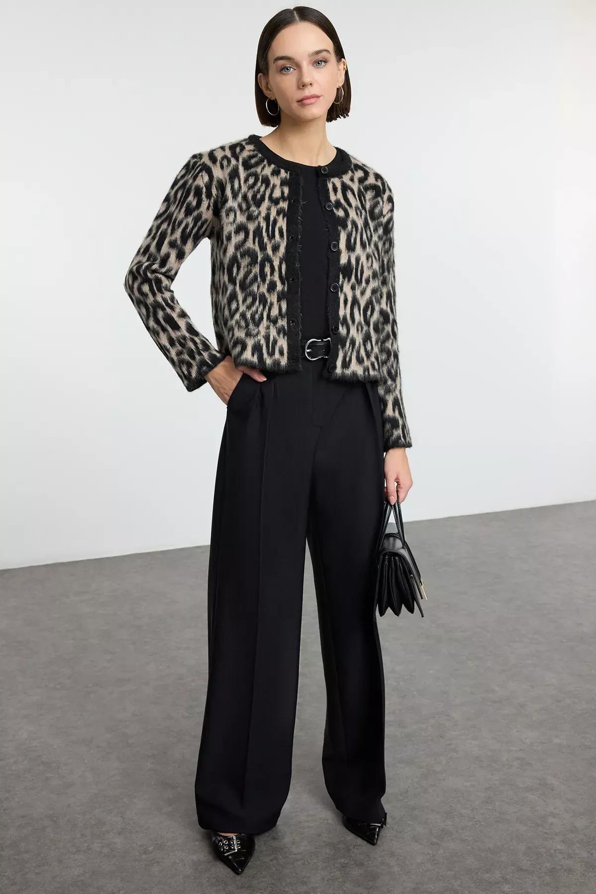 Brown Leopard Patterned Knitted Cardigan, , large image number 1