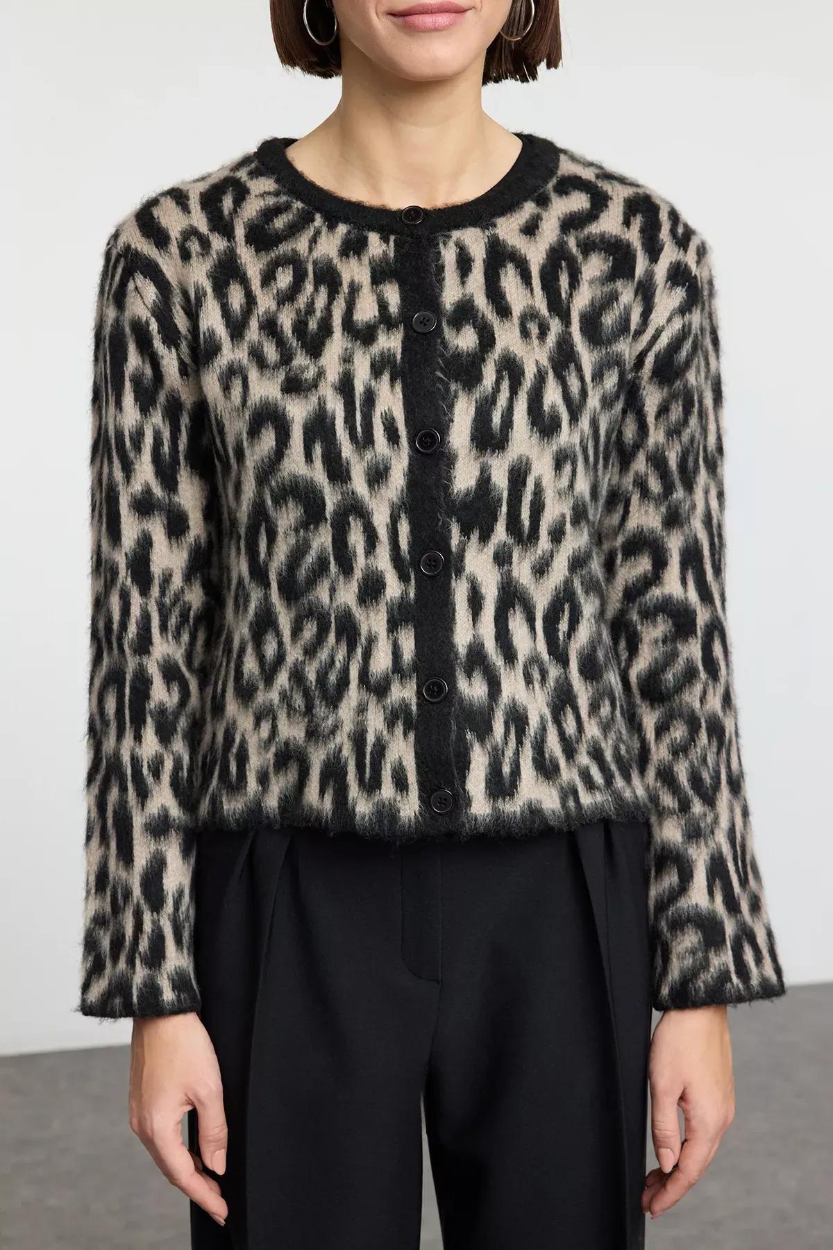 Brown Leopard Patterned Knitted Cardigan, , large image number 2