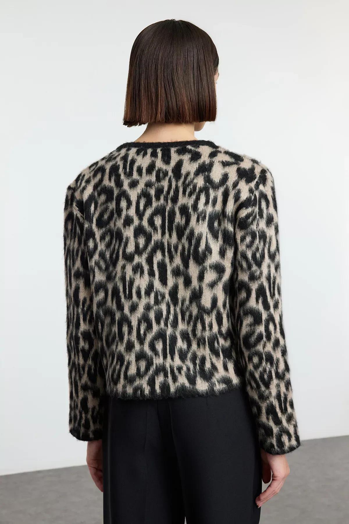 Brown Leopard Patterned Knitted Cardigan, , large image number 4