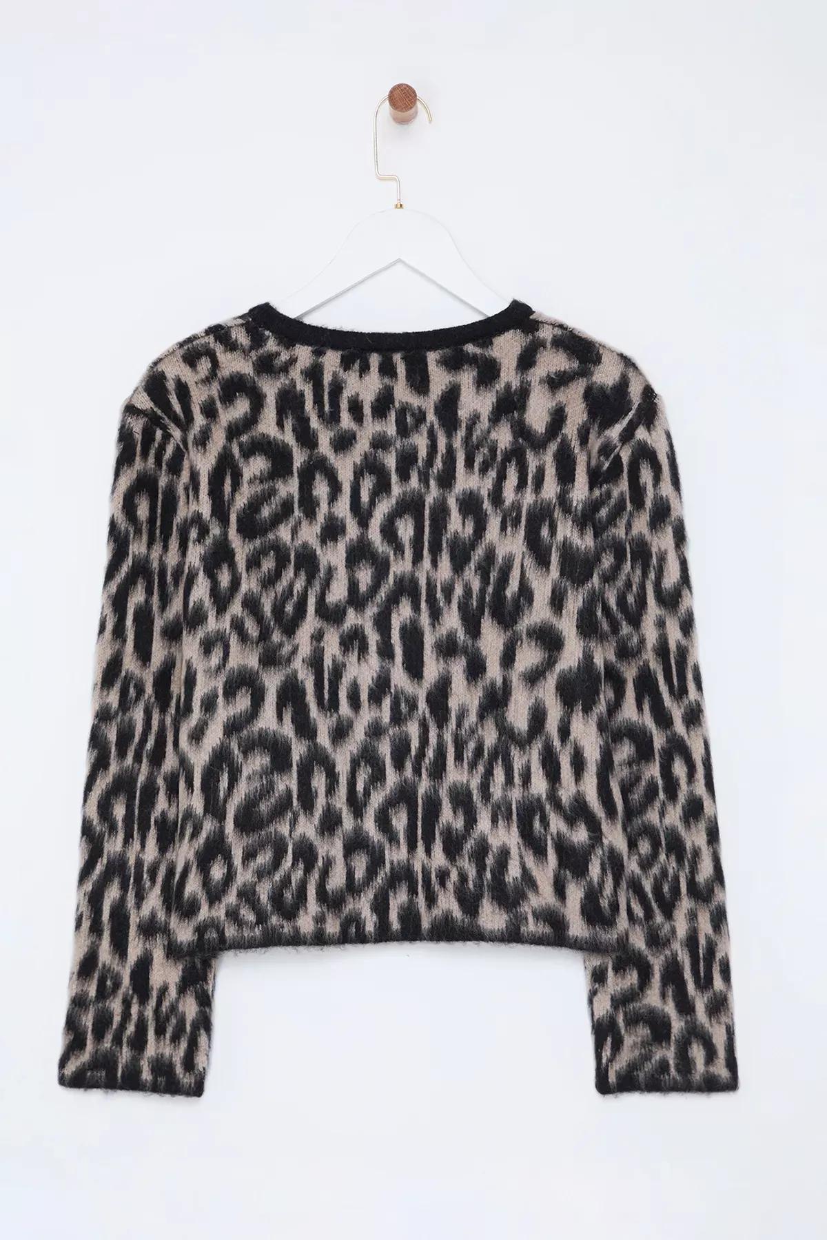 Brown Leopard Patterned Knitted Cardigan, , large image number 5