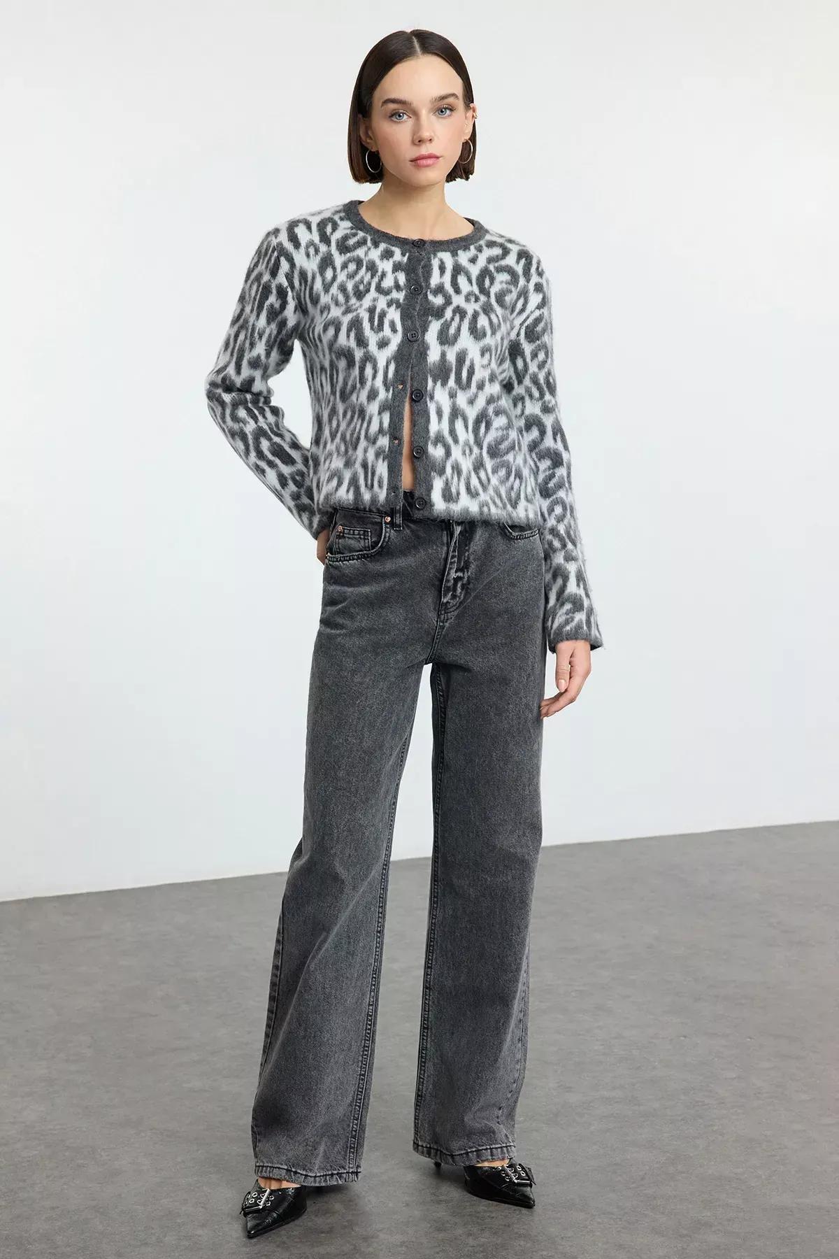 Grey Leopard Pattern Knit Cardigan, , large image number 1
