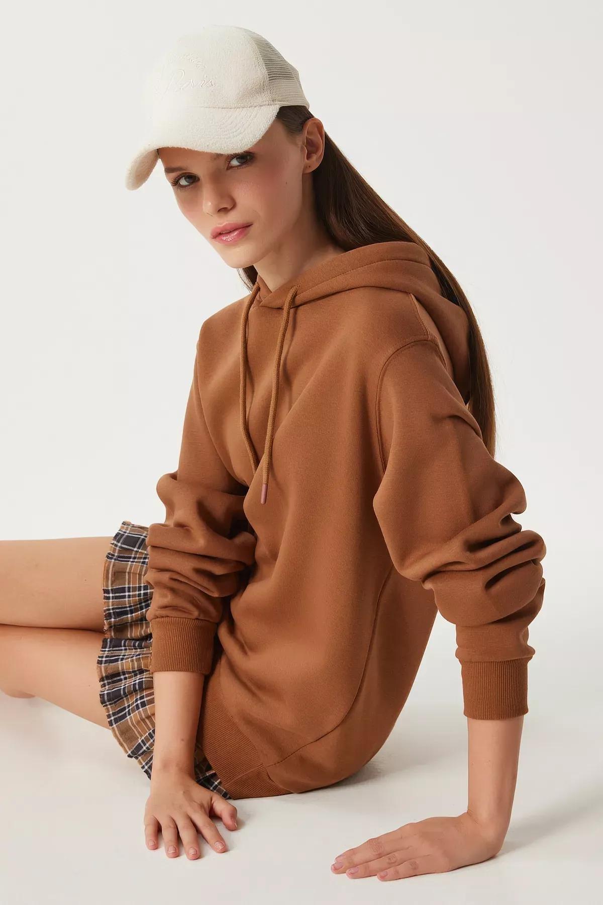 Brown Hooded Raised Oversize Sweatshirt, Brown, large image number 0