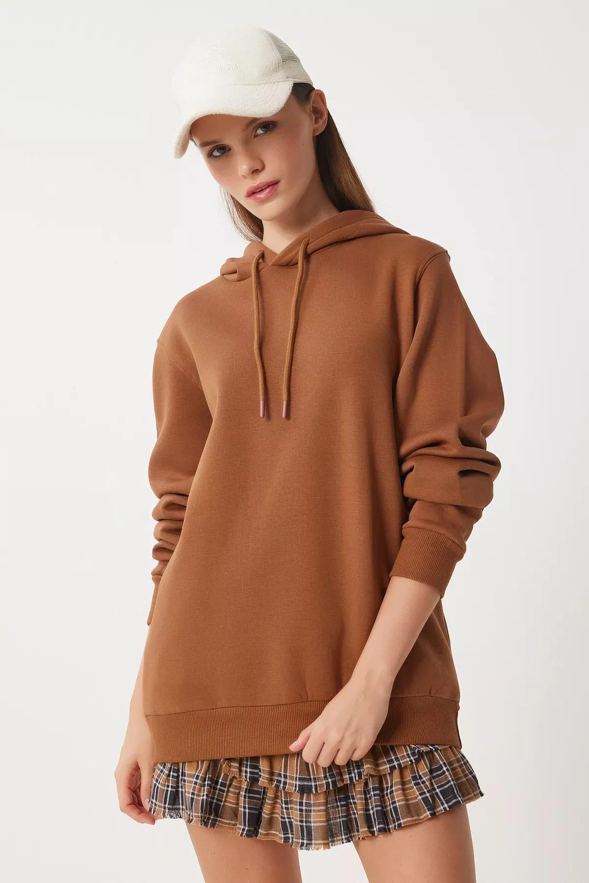 Brown Hooded Raised Oversize Sweatshirt, Brown, large image number 2
