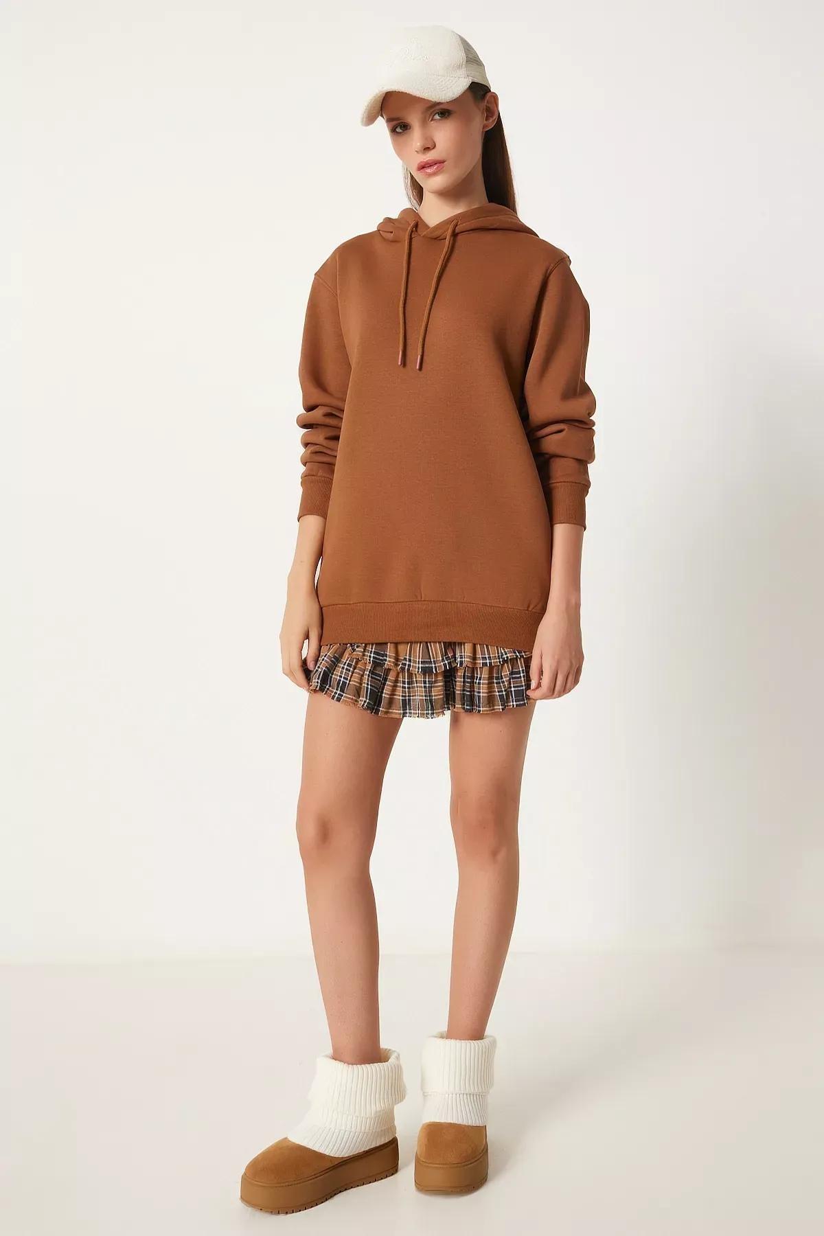 Brown Hooded Raised Oversize Sweatshirt, Brown, large image number 3