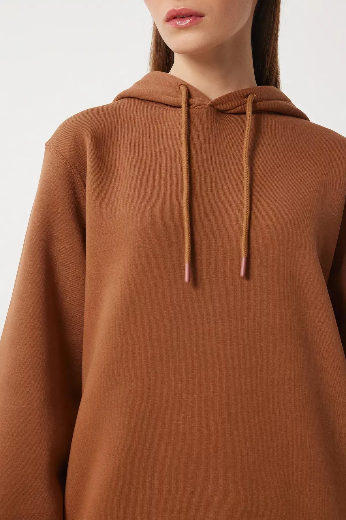 Brown Hooded Raised Oversize Sweatshirt, Brown, large image number 4