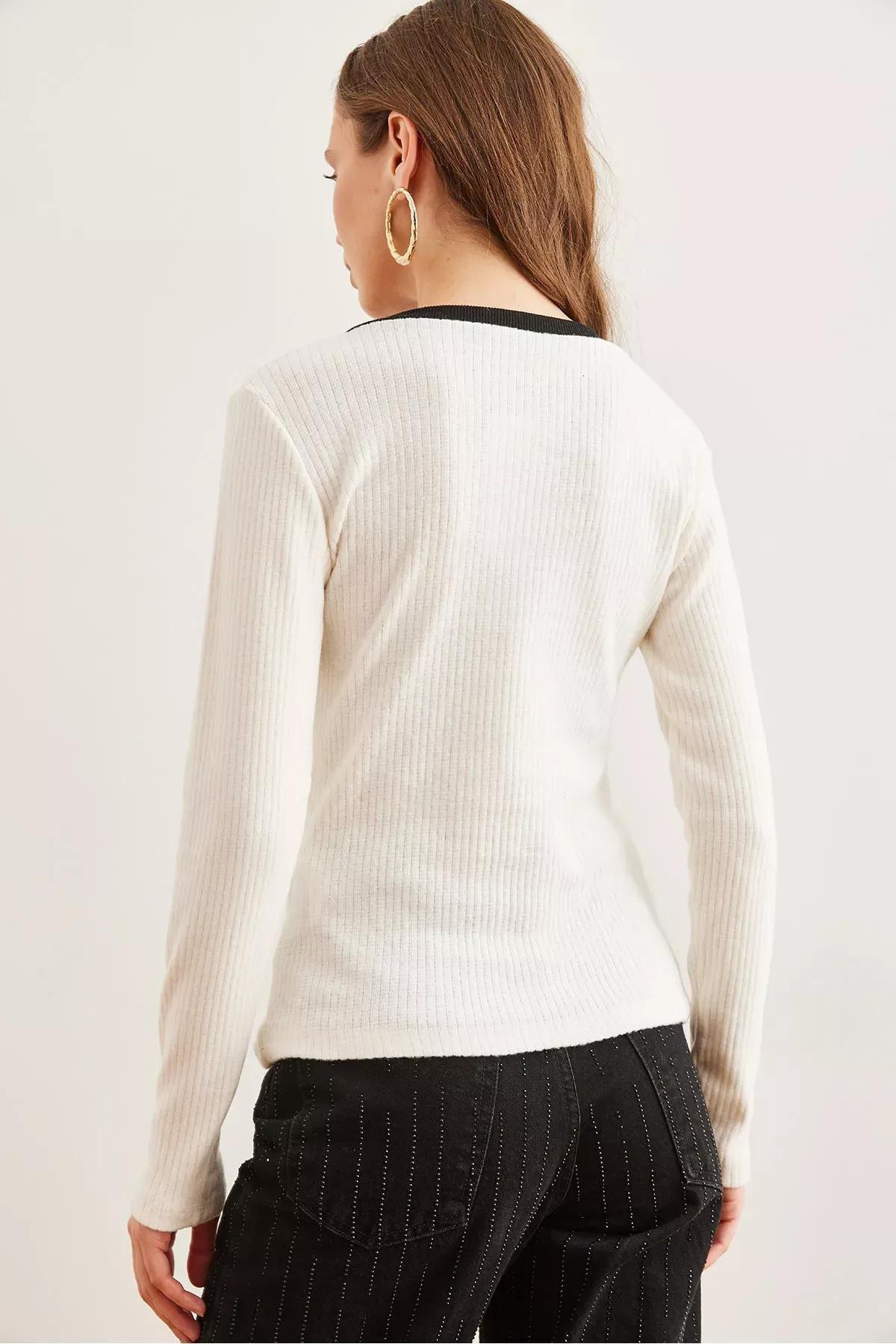 White Black Collar Lycra Blouse, White black, large image number 1