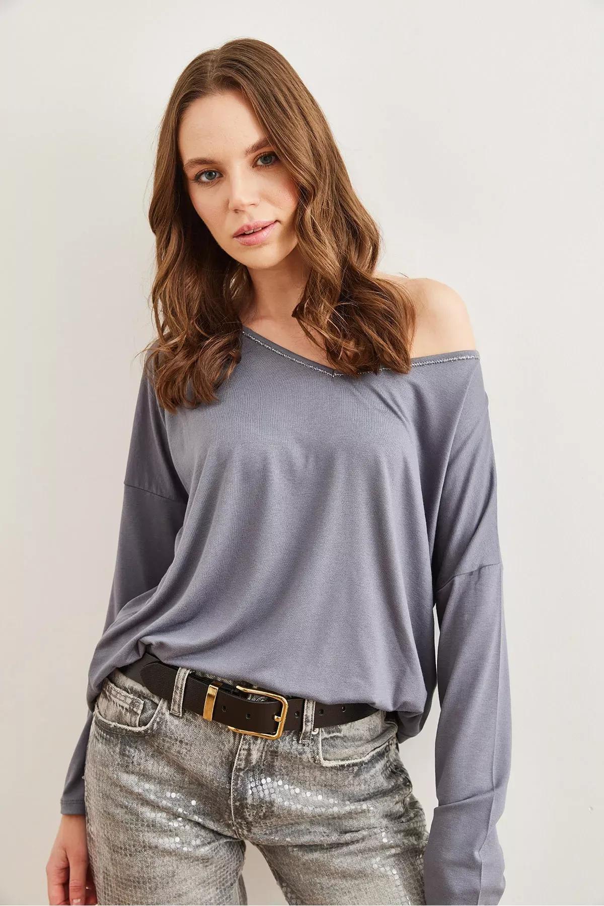 Grey  Silver Stitch Blouse, DARK GREY, large image number 1