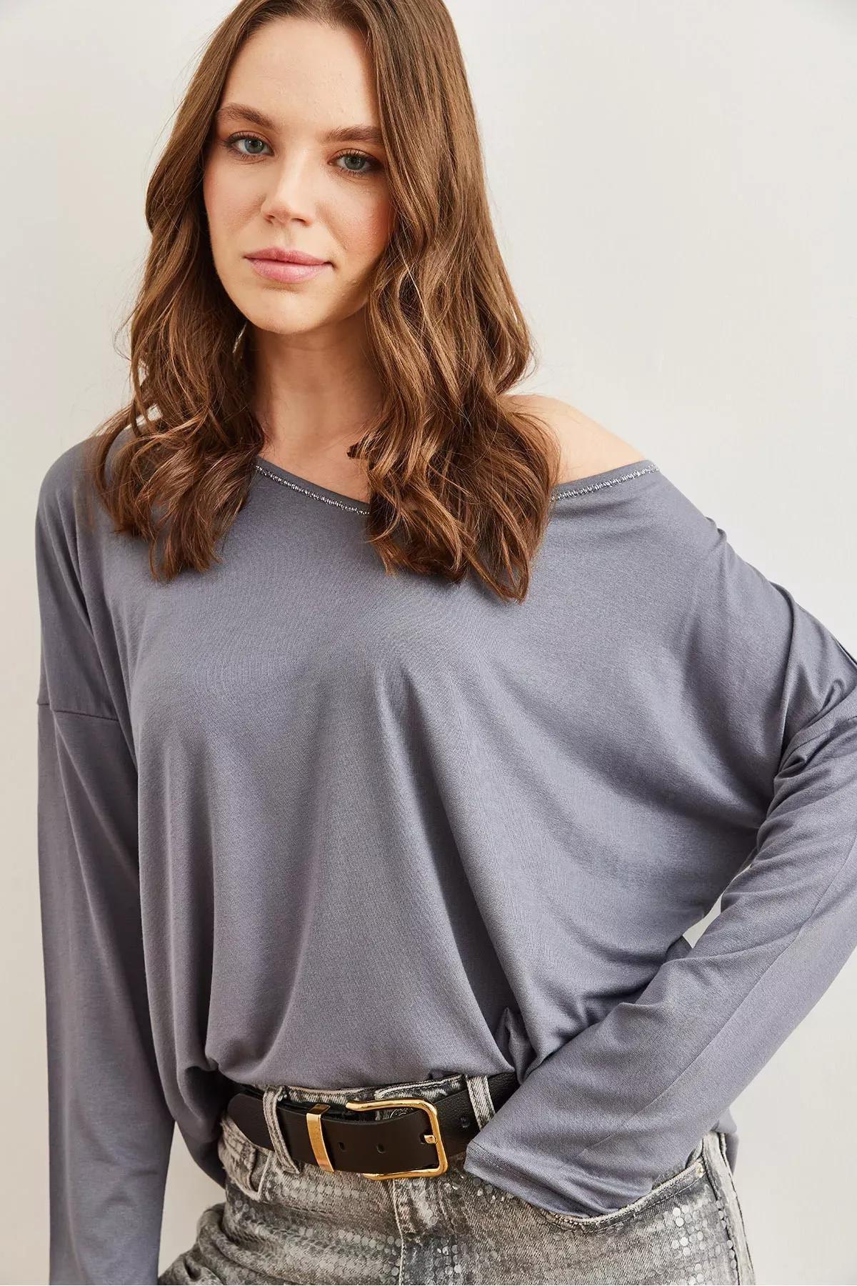Grey  Silver Stitch Blouse, DARK GREY, large image number 3