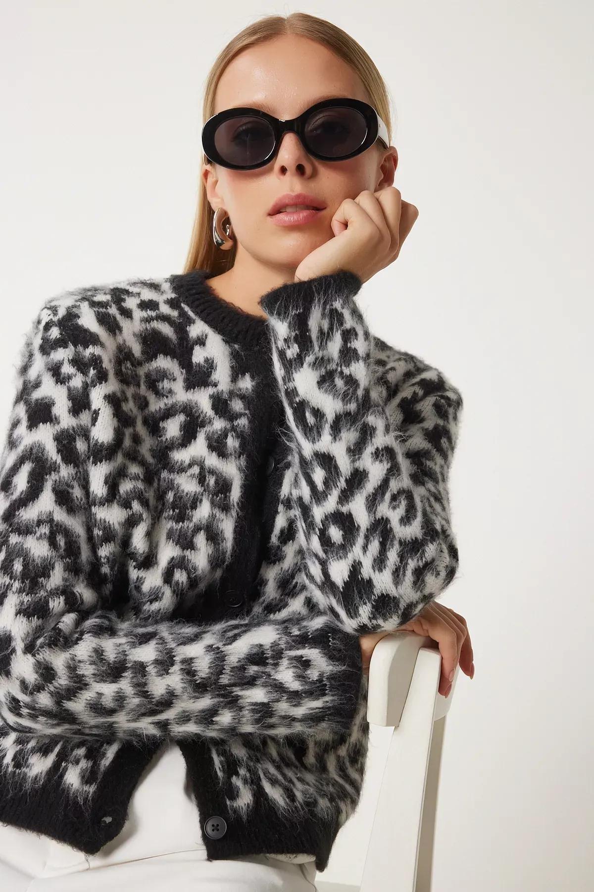 Black Leopard Patterned Short Beard Cardigan, BLACK WHITE, large image number 0