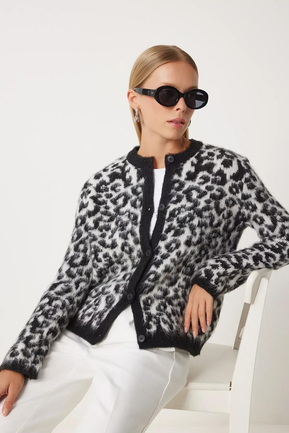 Black Leopard Patterned Short Beard Cardigan, BLACK WHITE, large image number 1