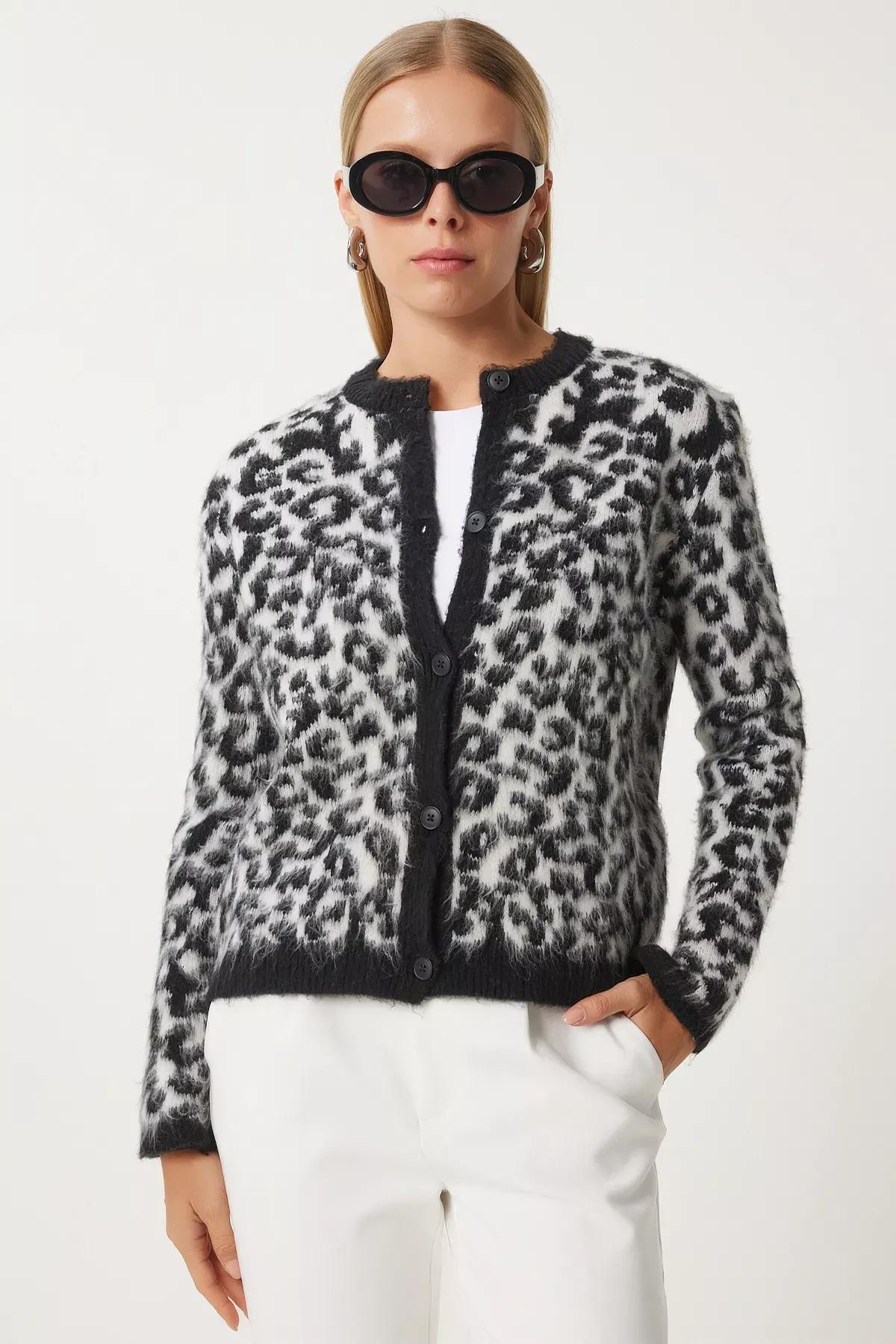 Black Leopard Patterned Short Beard Cardigan, BLACK WHITE, large image number 2