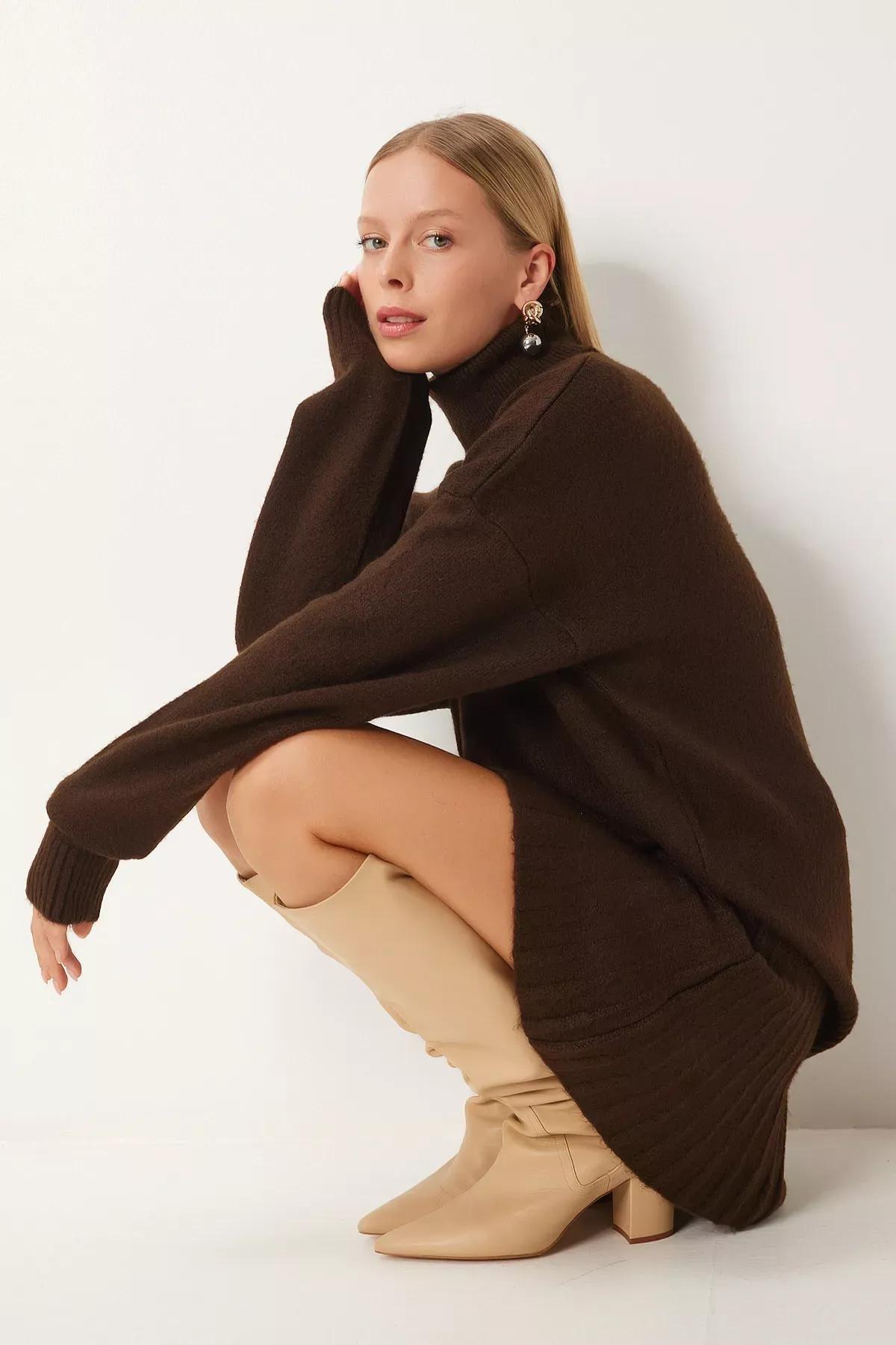 Brown Turtleneck Knit Skirt Set, Brown, large image number 0