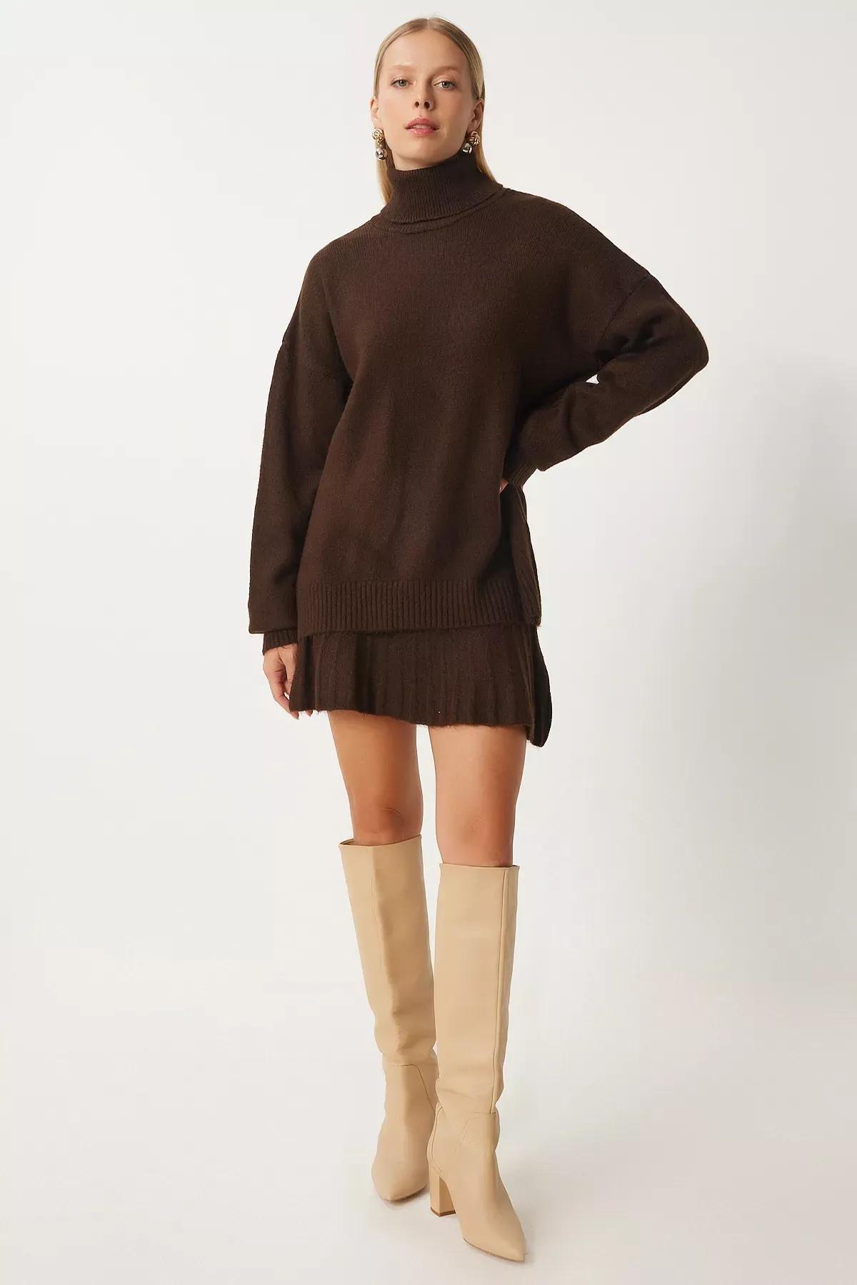 Brown Turtleneck Knit Skirt Set, Brown, large image number 1