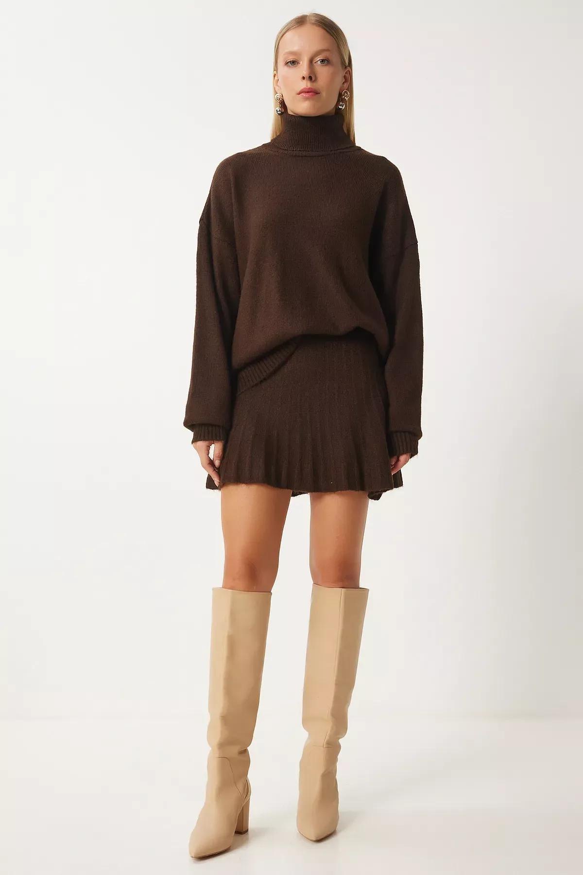 Brown Turtleneck Knit Skirt Set, Brown, large image number 2