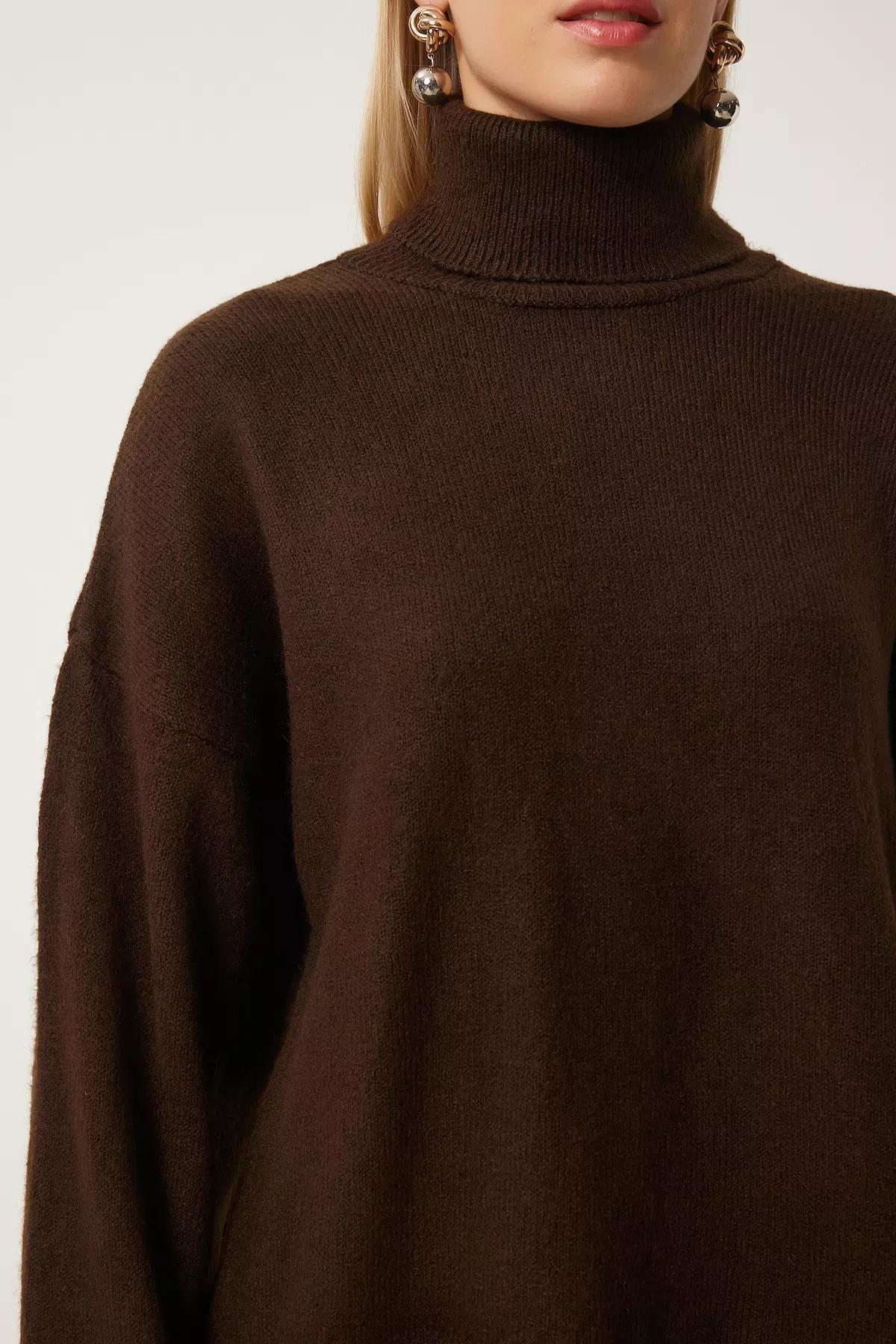 Brown Turtleneck Knit Skirt Set, Brown, large image number 6