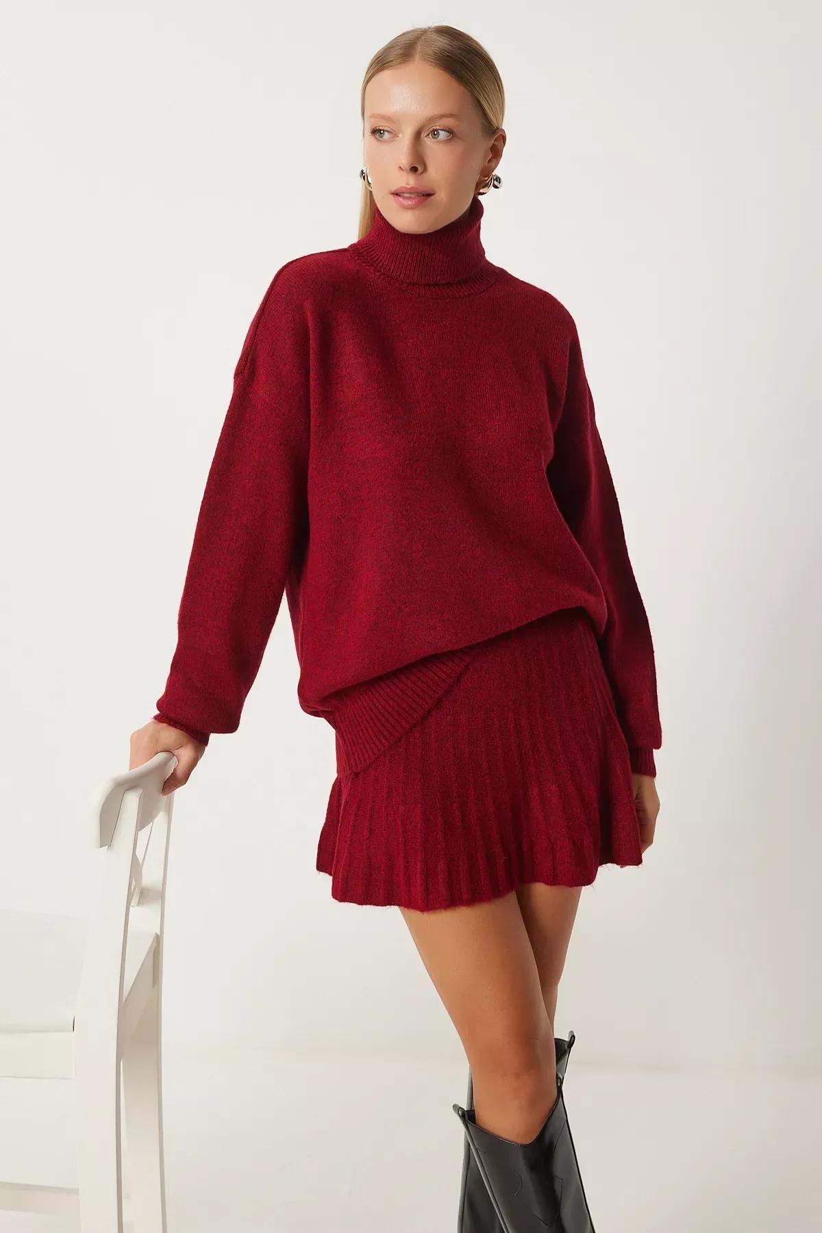 Womens Burgundy Turtleneck Knitwear Sweater Skirt Set Dd01343, Burgundy, large image number 0