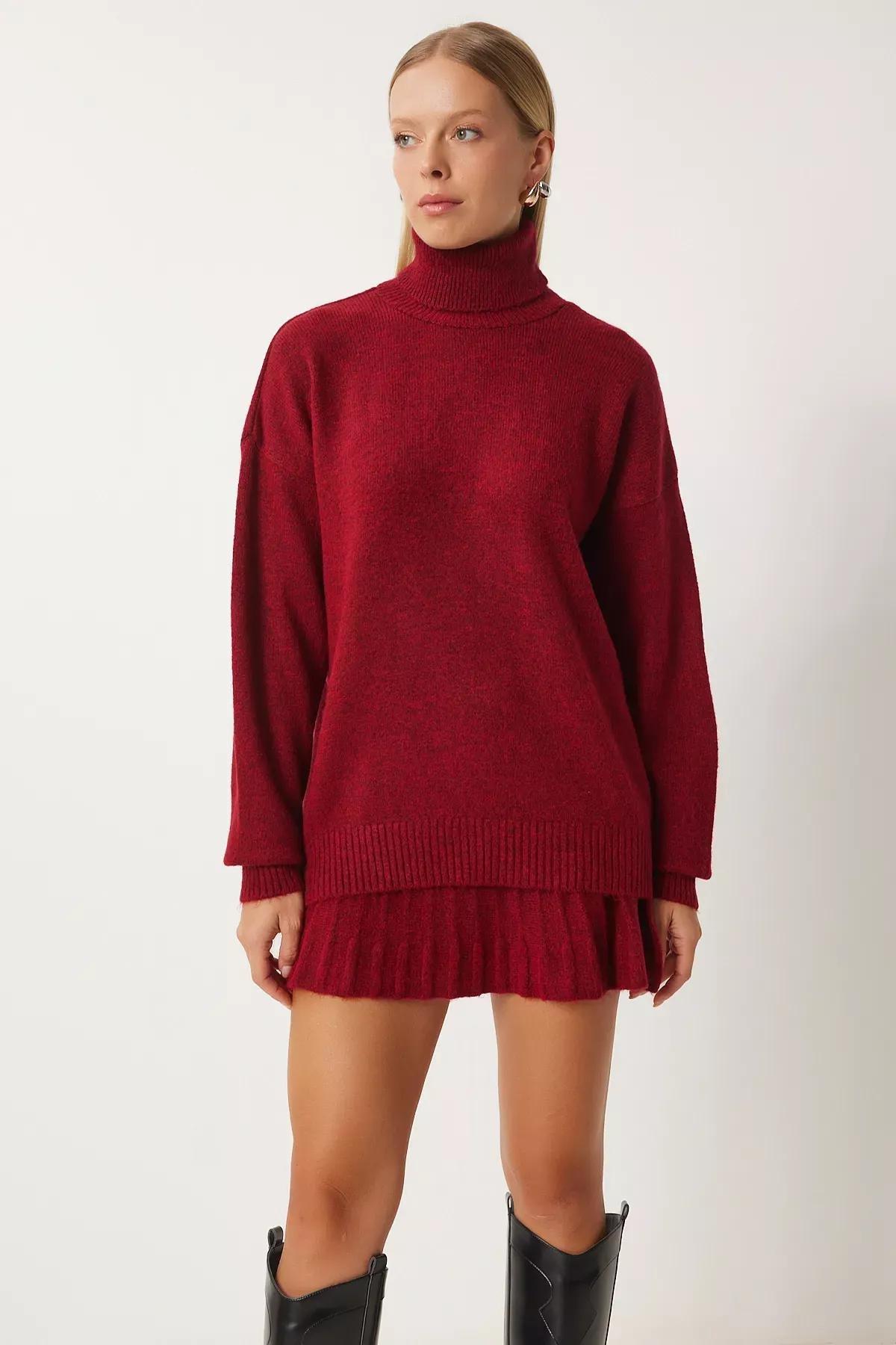 Womens Burgundy Turtleneck Knitwear Sweater Skirt Set Dd01343, Burgundy, large image number 1