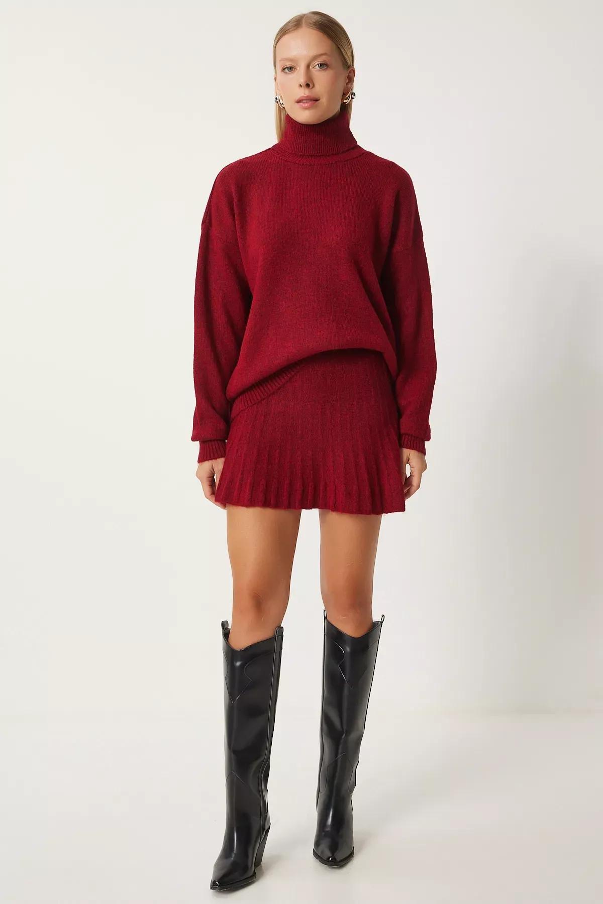Womens Burgundy Turtleneck Knitwear Sweater Skirt Set Dd01343, Burgundy, large image number 3