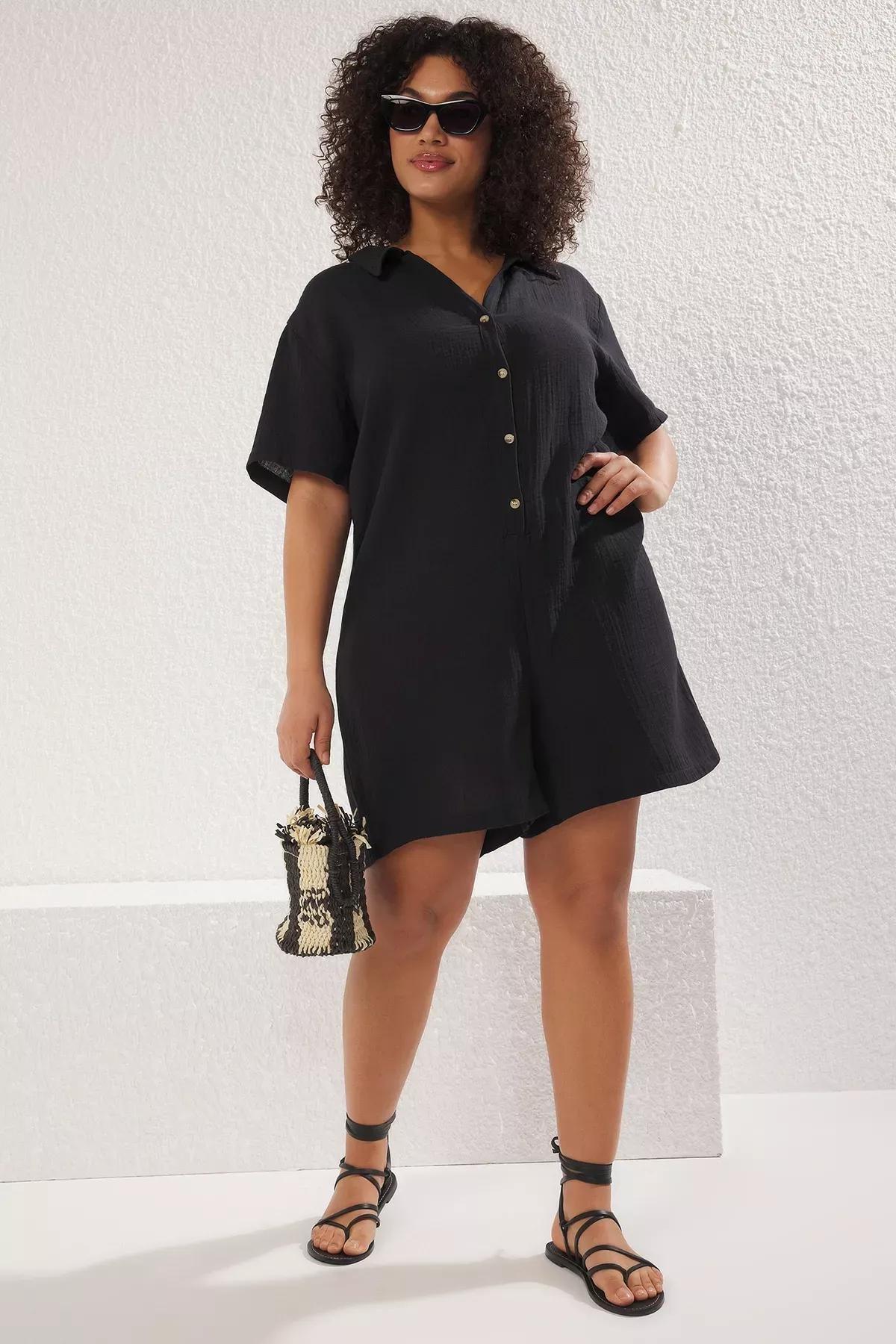 Black Muslin Woven Plus-Size  Jumpsuit, , large image number 0