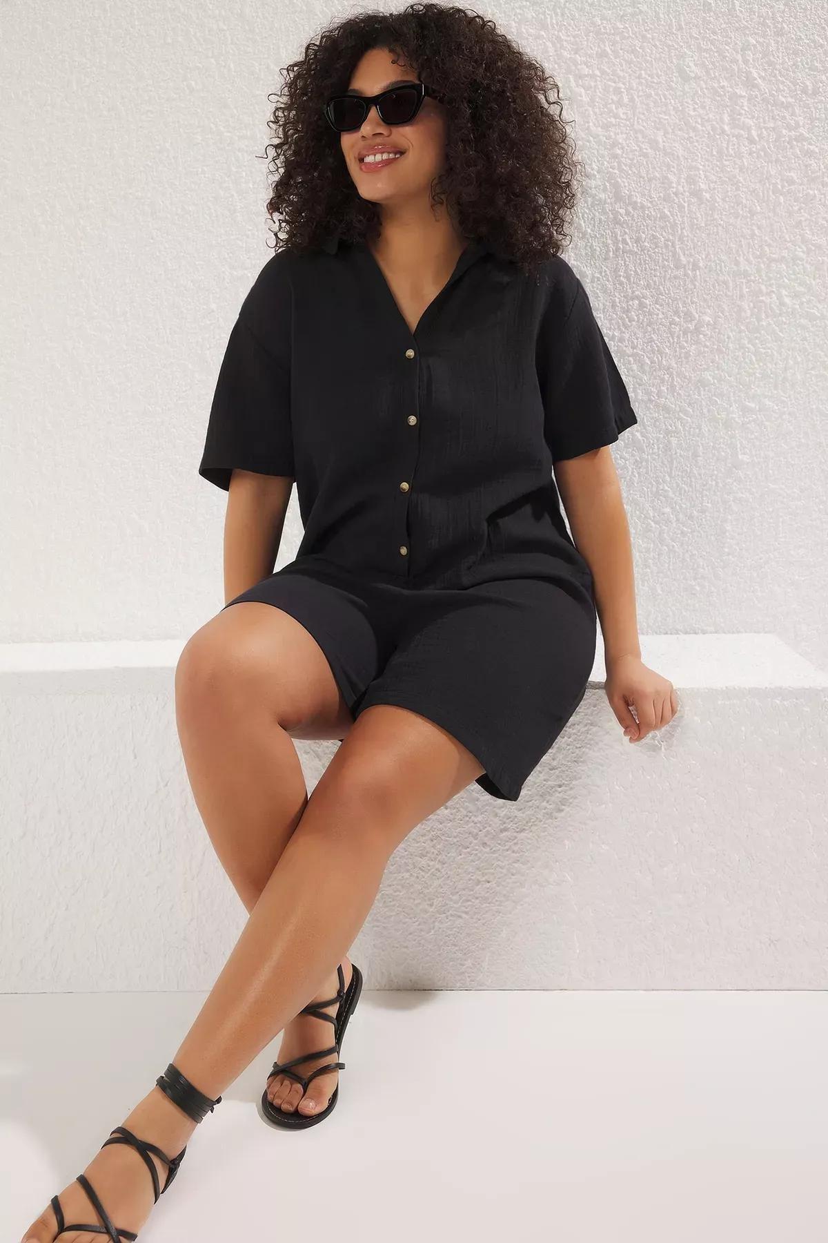 Black Muslin Woven Plus-Size  Jumpsuit, , large image number 1