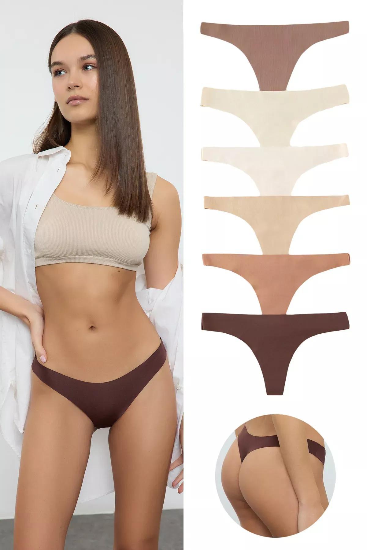 Brown-Multiolour Thong Knitted Panties, set of 6, Brown-Multicolor, medium
