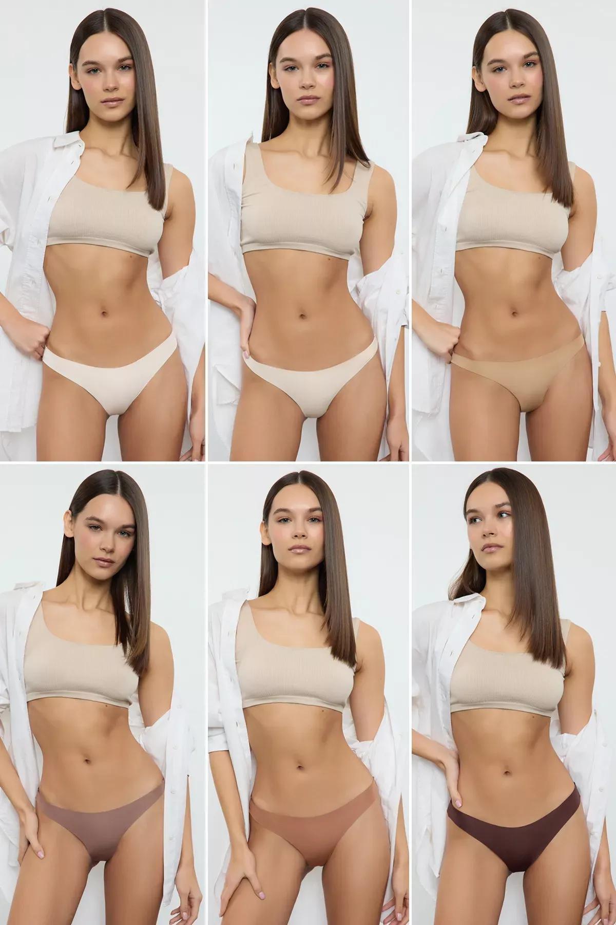 Brown-Multiolour Thong Knitted Panties, set of 6, Brown-Multicolor, large image number 1