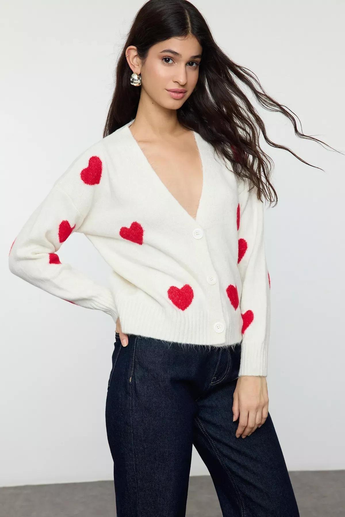Beige Heart Patterned V-Neck Knitwear Cardigan, Ecru, large image number 0