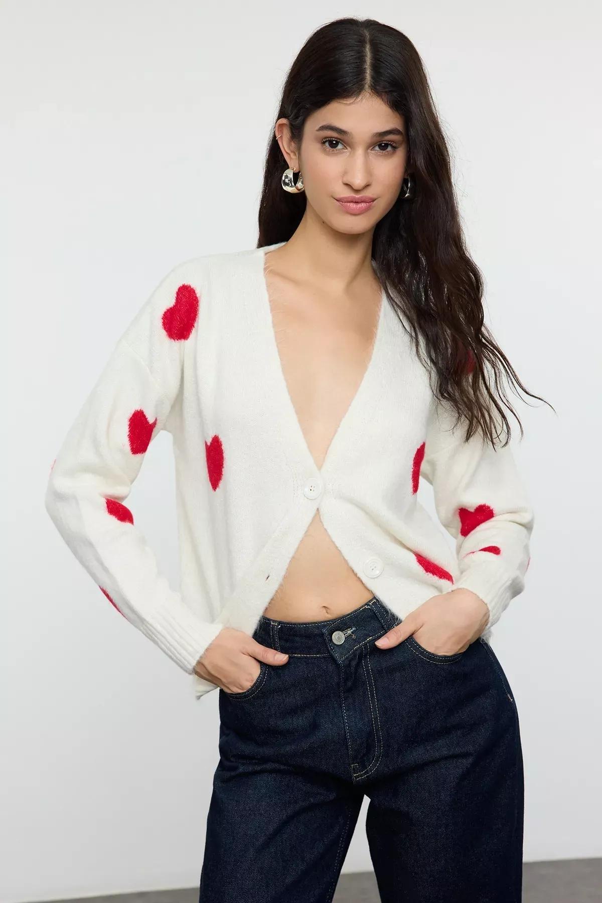 Beige Heart Patterned V-Neck Knitwear Cardigan, Ecru, large image number 1