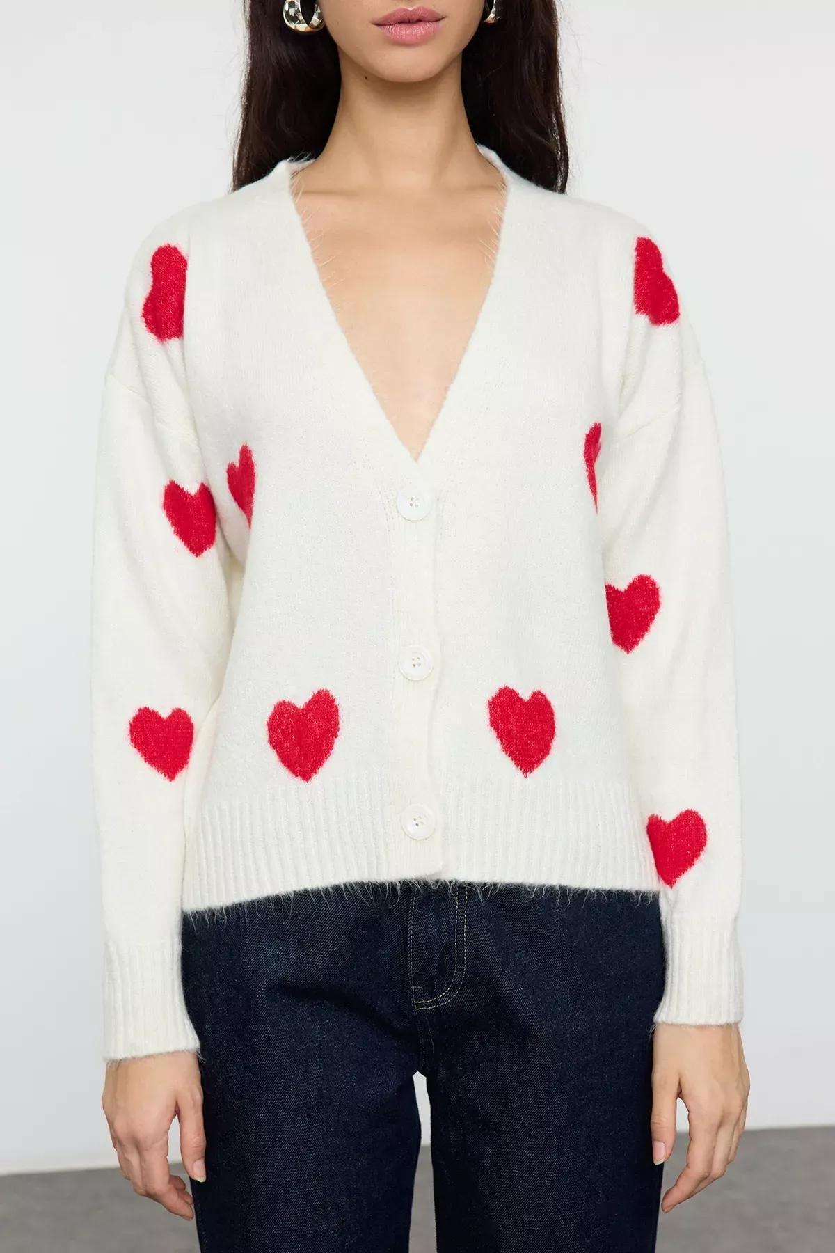 Beige Heart Patterned V-Neck Knitwear Cardigan, Ecru, large image number 2