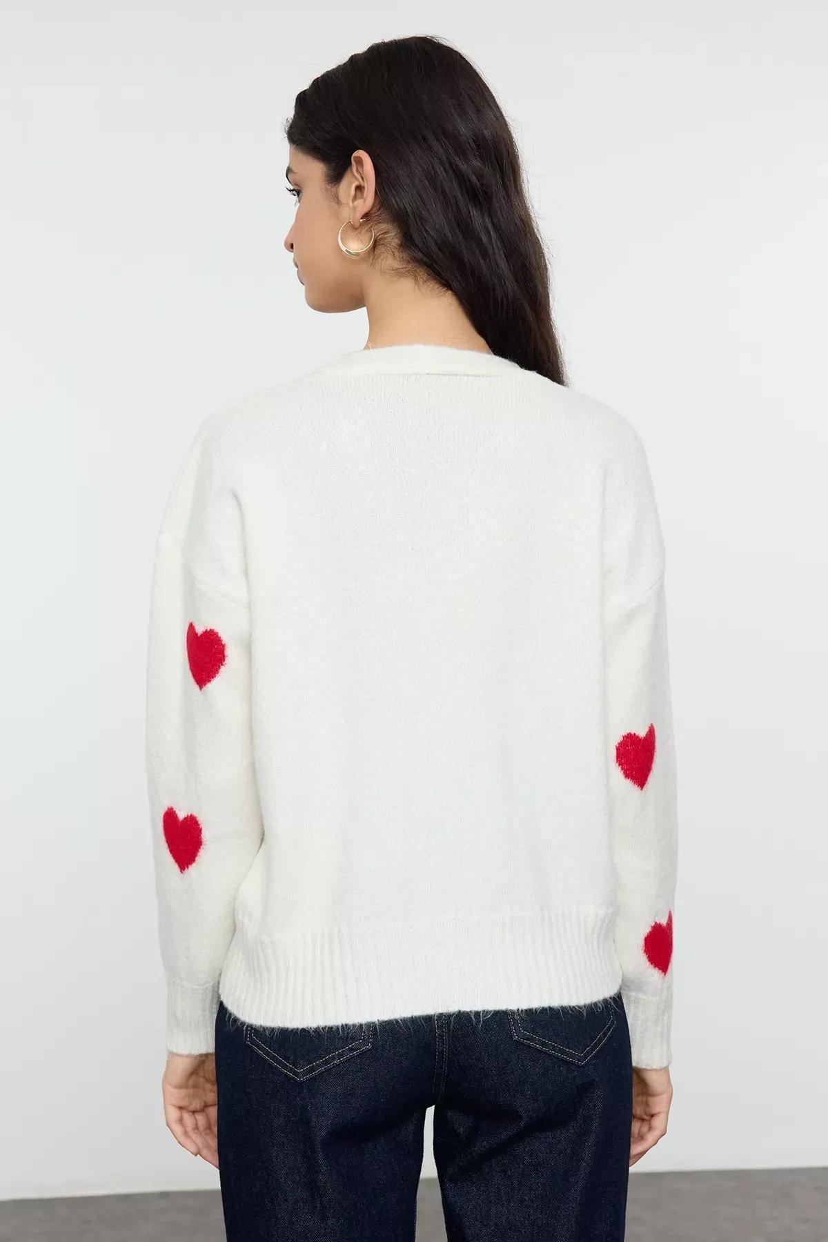 Beige Heart Patterned V-Neck Knitwear Cardigan, Ecru, large image number 4