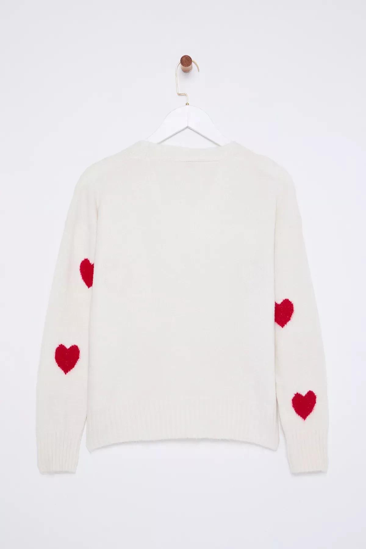 Beige Heart Patterned V-Neck Knitwear Cardigan, Ecru, large image number 5