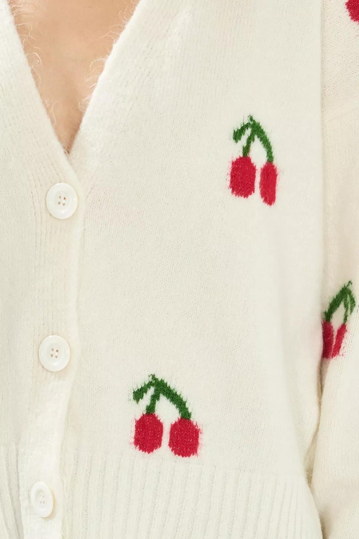 Beige Cherry Patterned Cardigan, Ecru, large image number 2