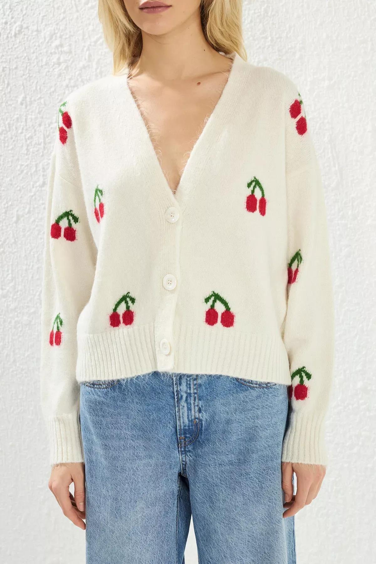 Beige Cherry Patterned Cardigan, Ecru, large image number 3