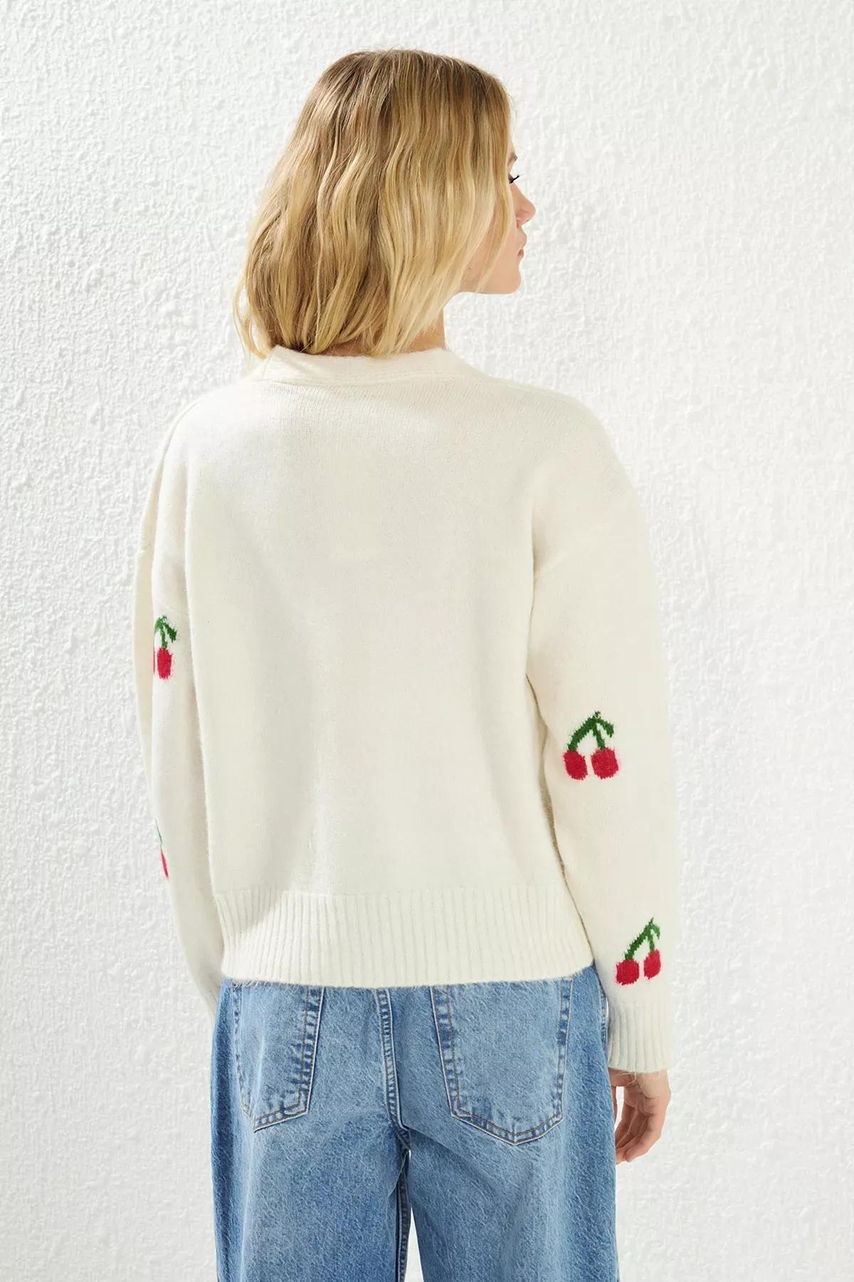 Beige Cherry Patterned Cardigan, Ecru, large image number 4