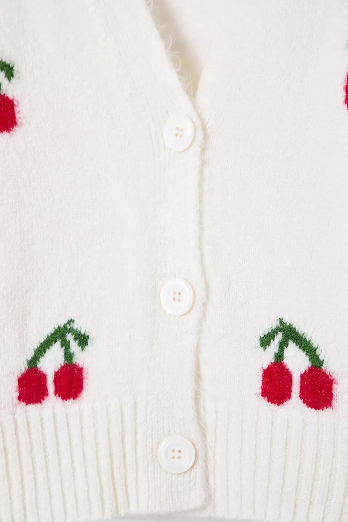 Beige Cherry Patterned Cardigan, Ecru, large image number 5