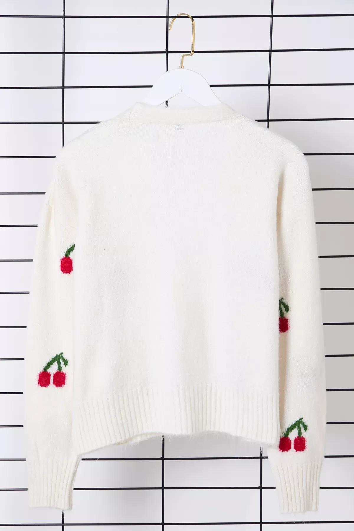 Beige Cherry Patterned Cardigan, Ecru, large image number 6