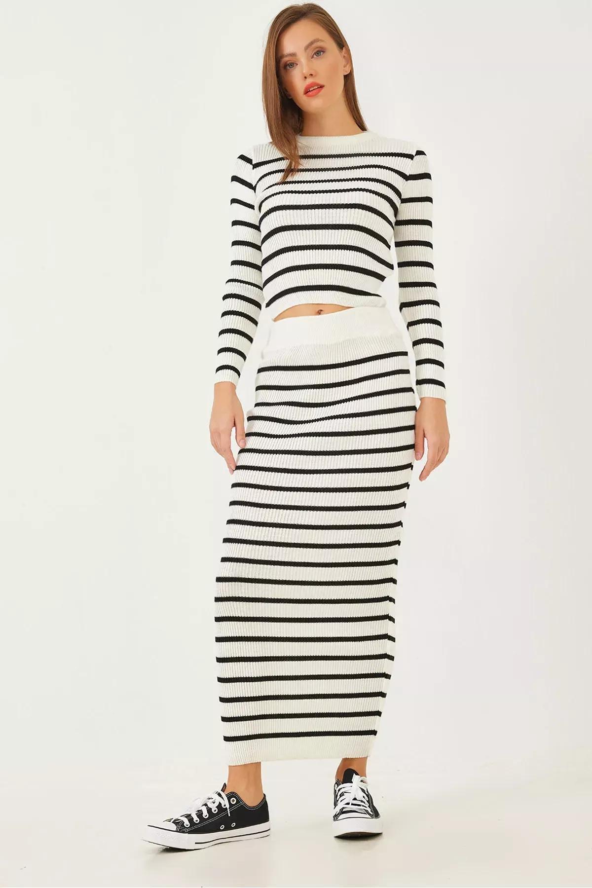 Striped Knitwear Bottom-Top Set, White black, large image number 0