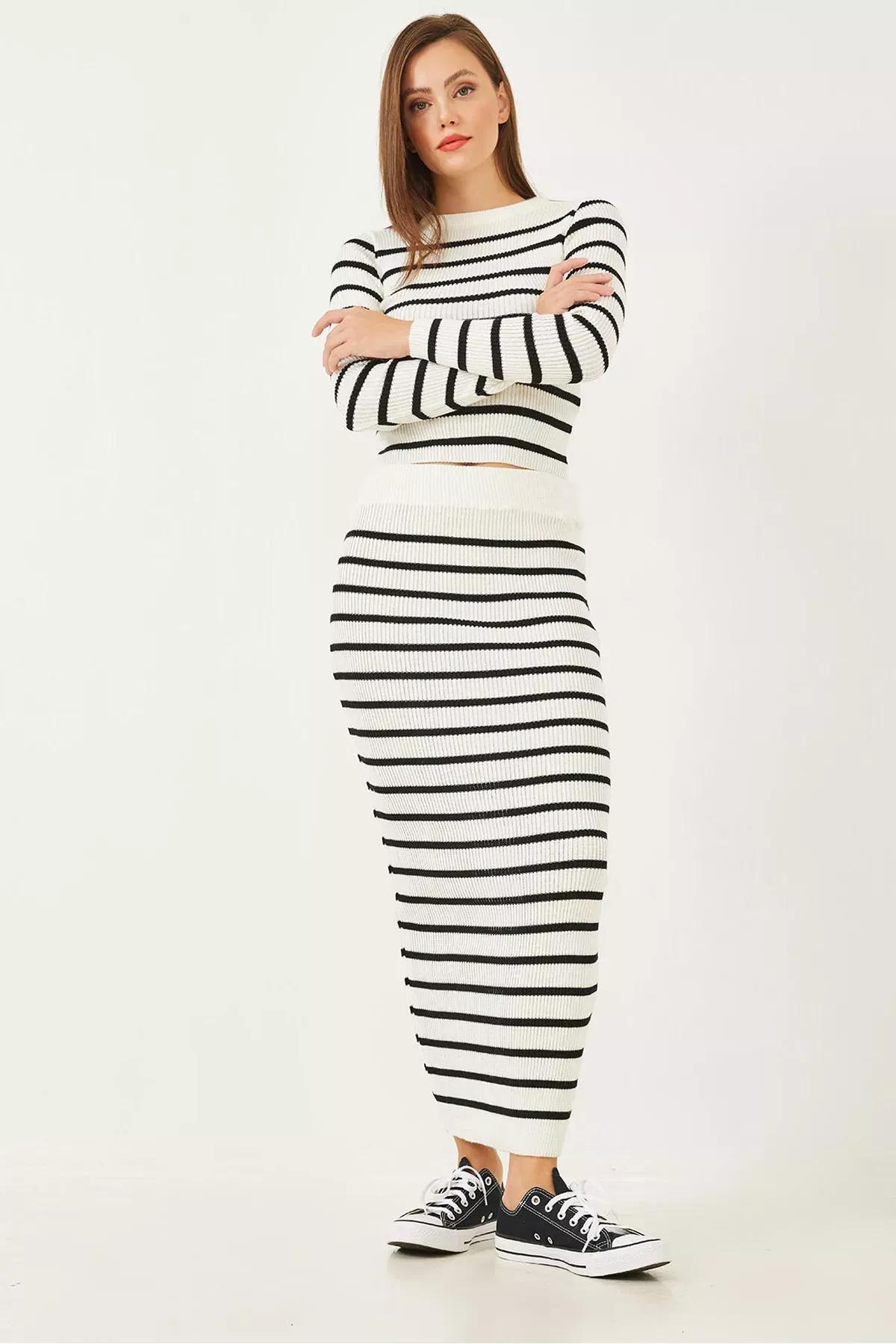 Striped Knitwear Bottom-Top Set, White black, large image number 1