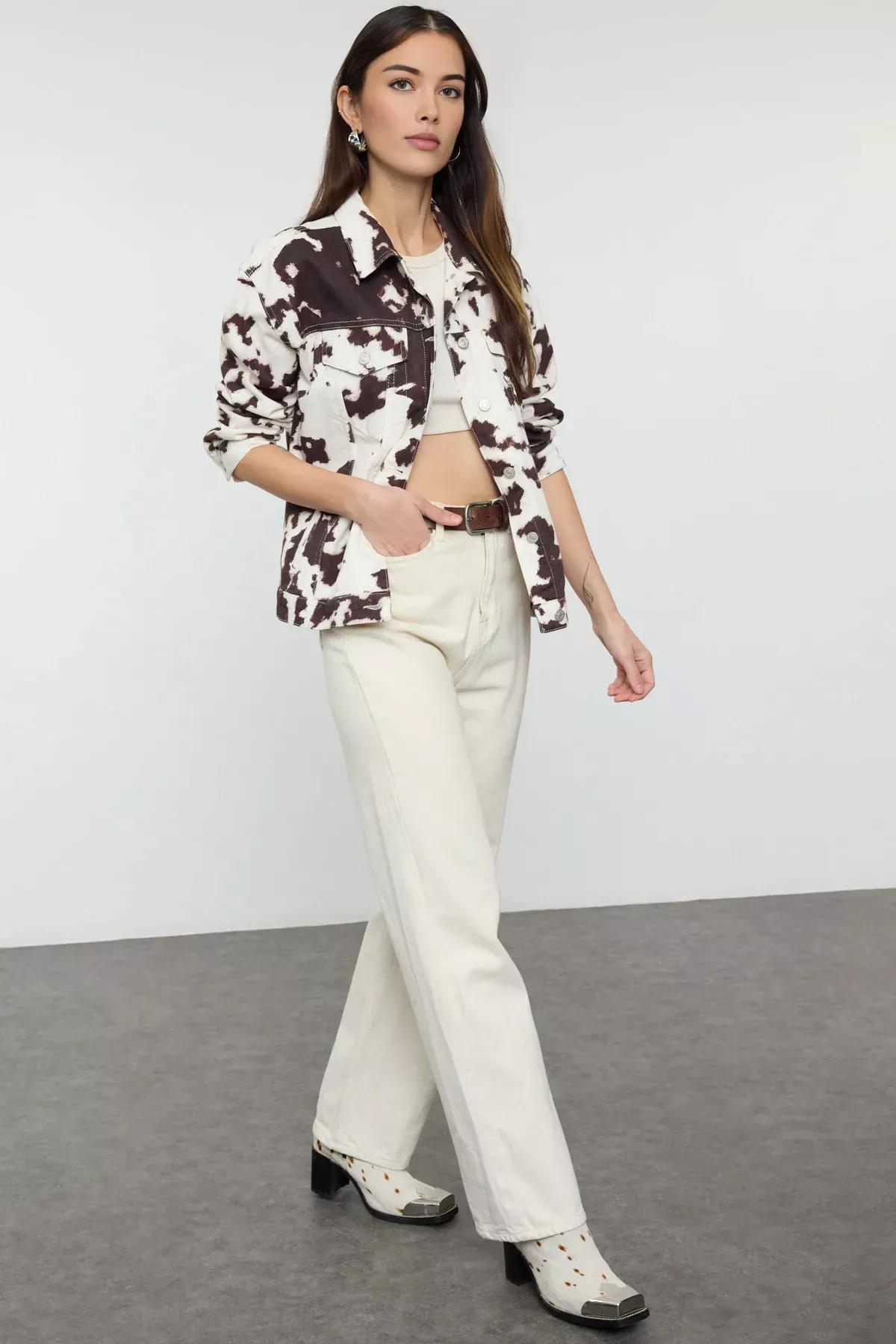 Multicolour Cow Print Denim Jacket, , large image number 0