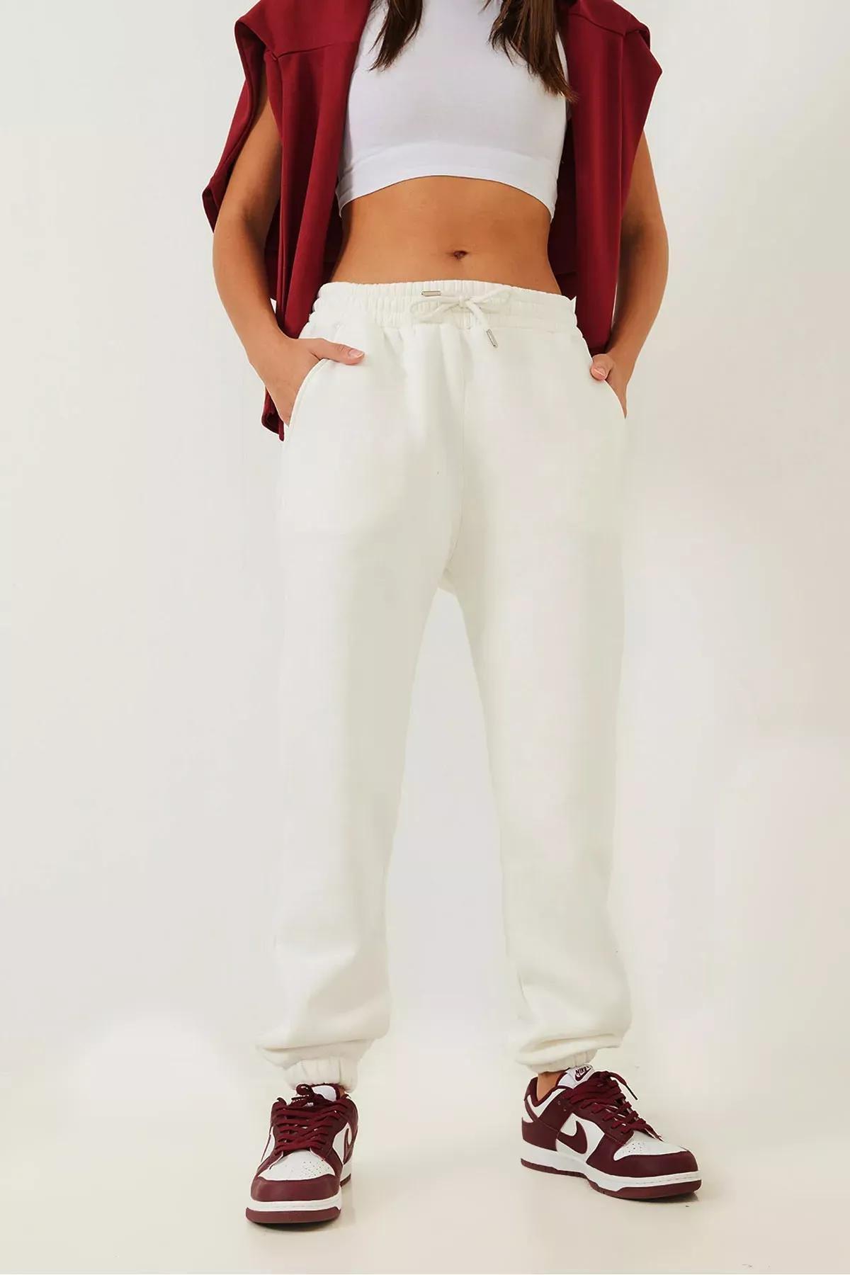 White Pocket Elastic Leg Sweatpants, , large image number 0
