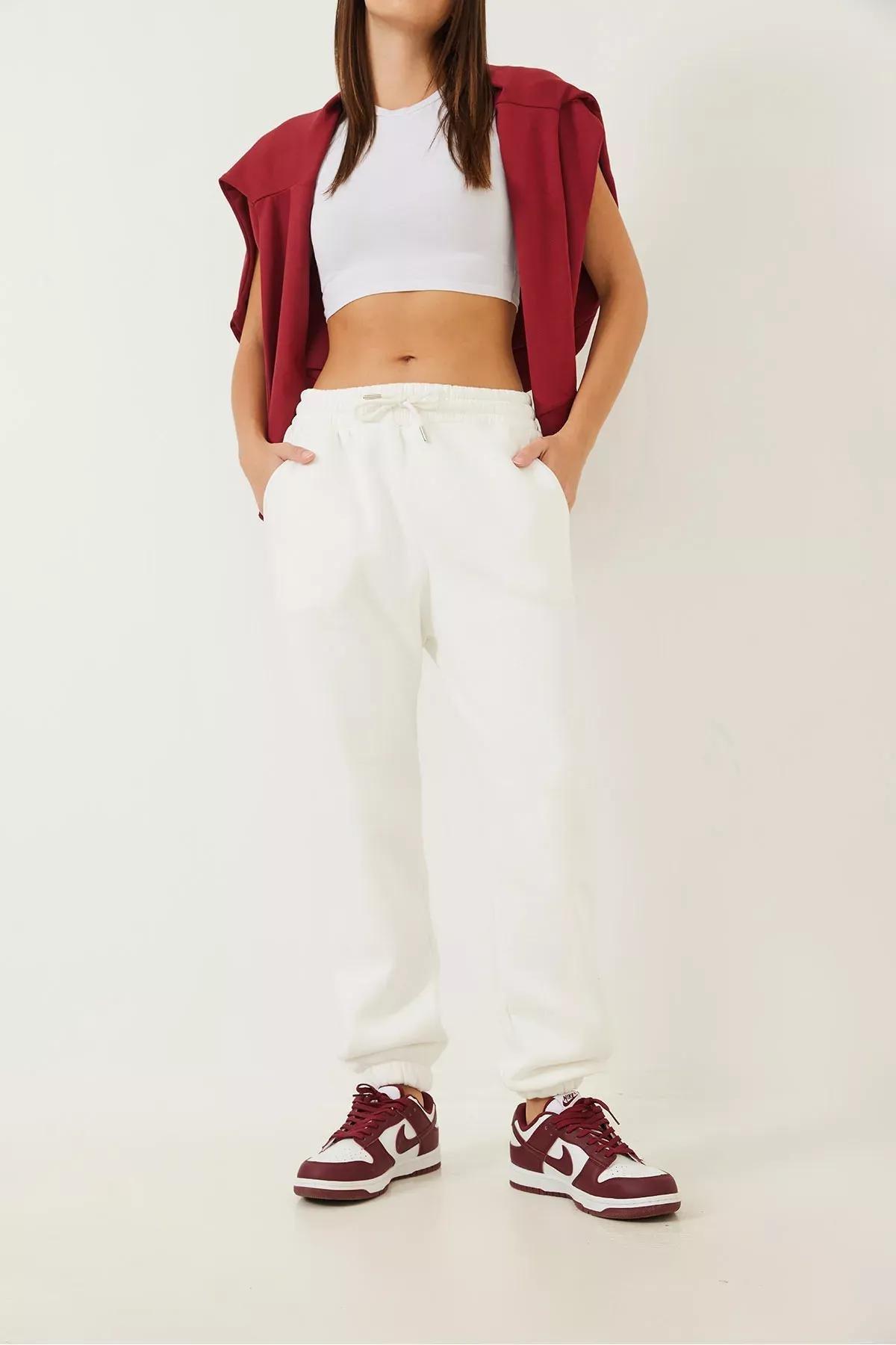 White Pocket Elastic Leg Sweatpants, , large image number 1