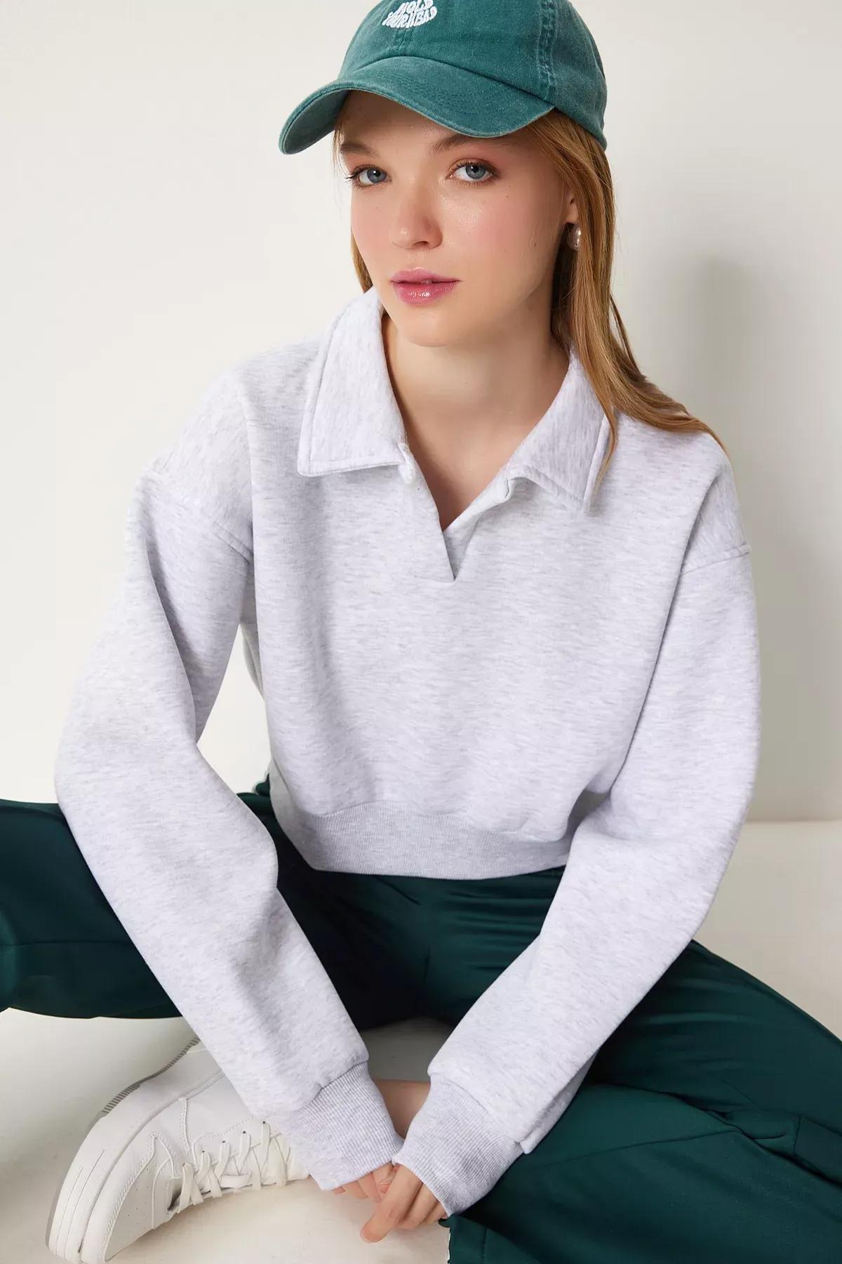 Grey Polo Collar Raised Crop Knit Sweatshirt, , large image number 0