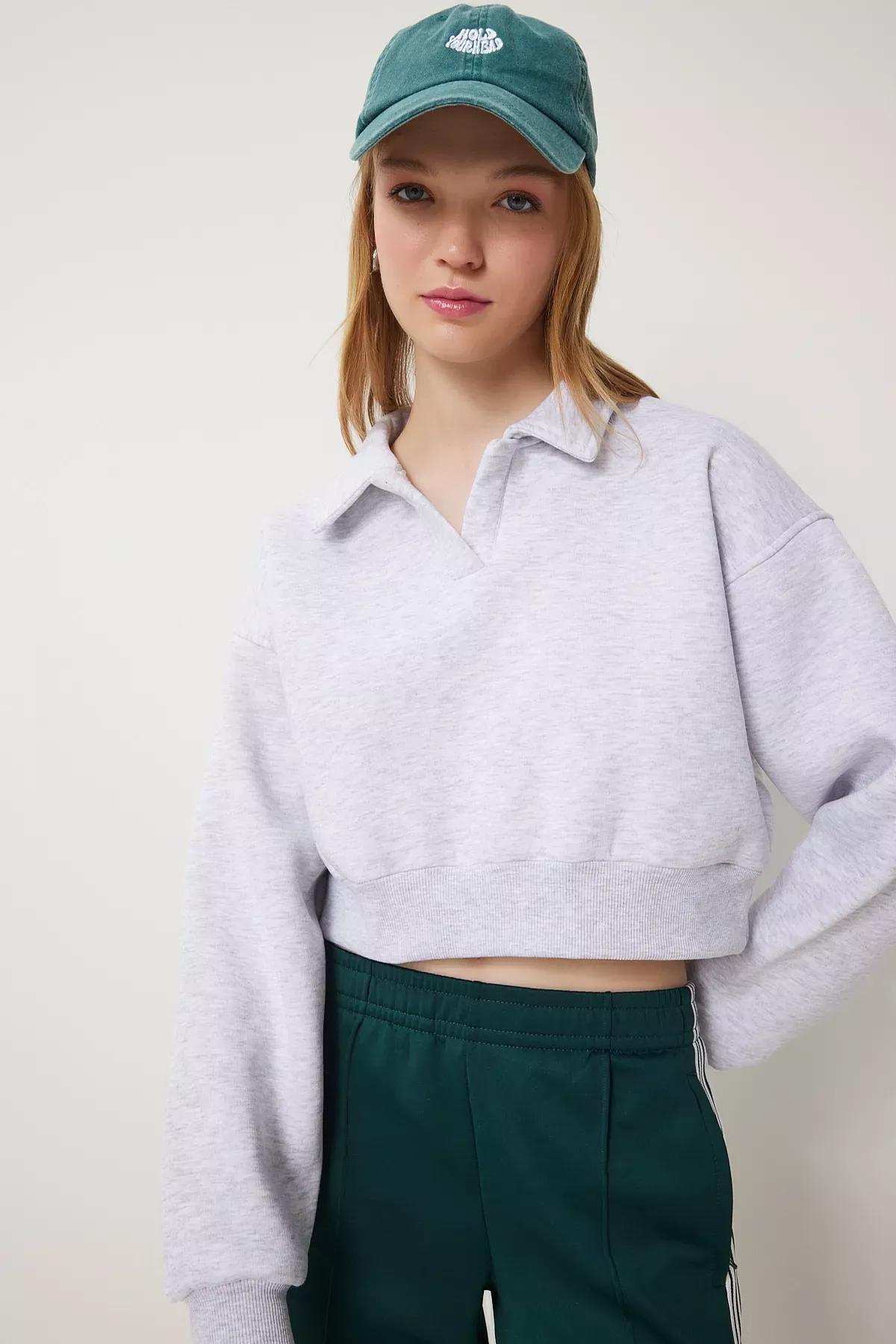 Grey Polo Collar Raised Crop Knit Sweatshirt, , large image number 1