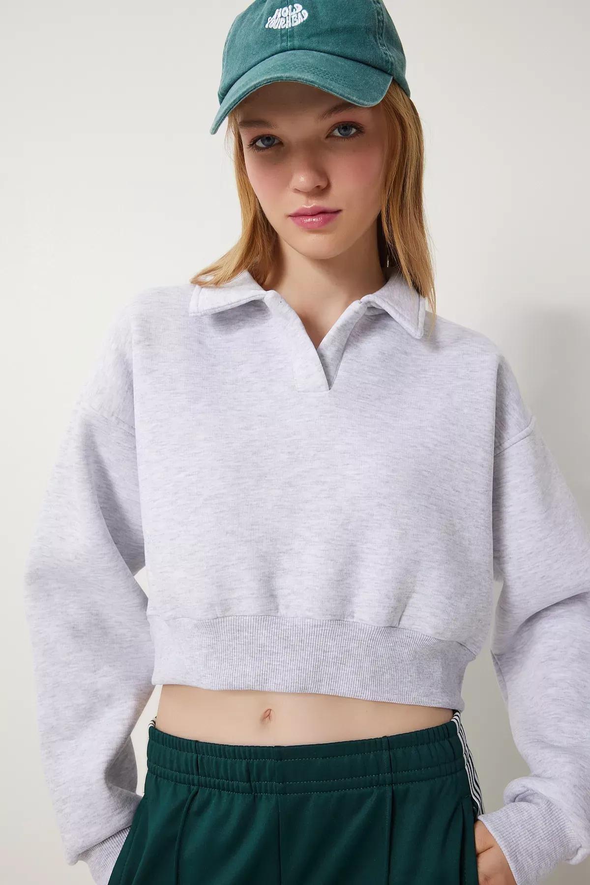 Grey Polo Collar Raised Crop Knit Sweatshirt, , large image number 2