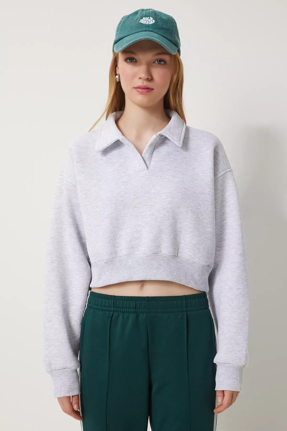 Grey Polo Collar Raised Crop Knit Sweatshirt, , large image number 3