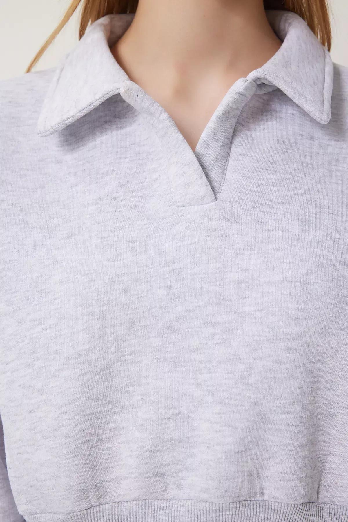 Grey Polo Collar Raised Crop Knit Sweatshirt, , large image number 4
