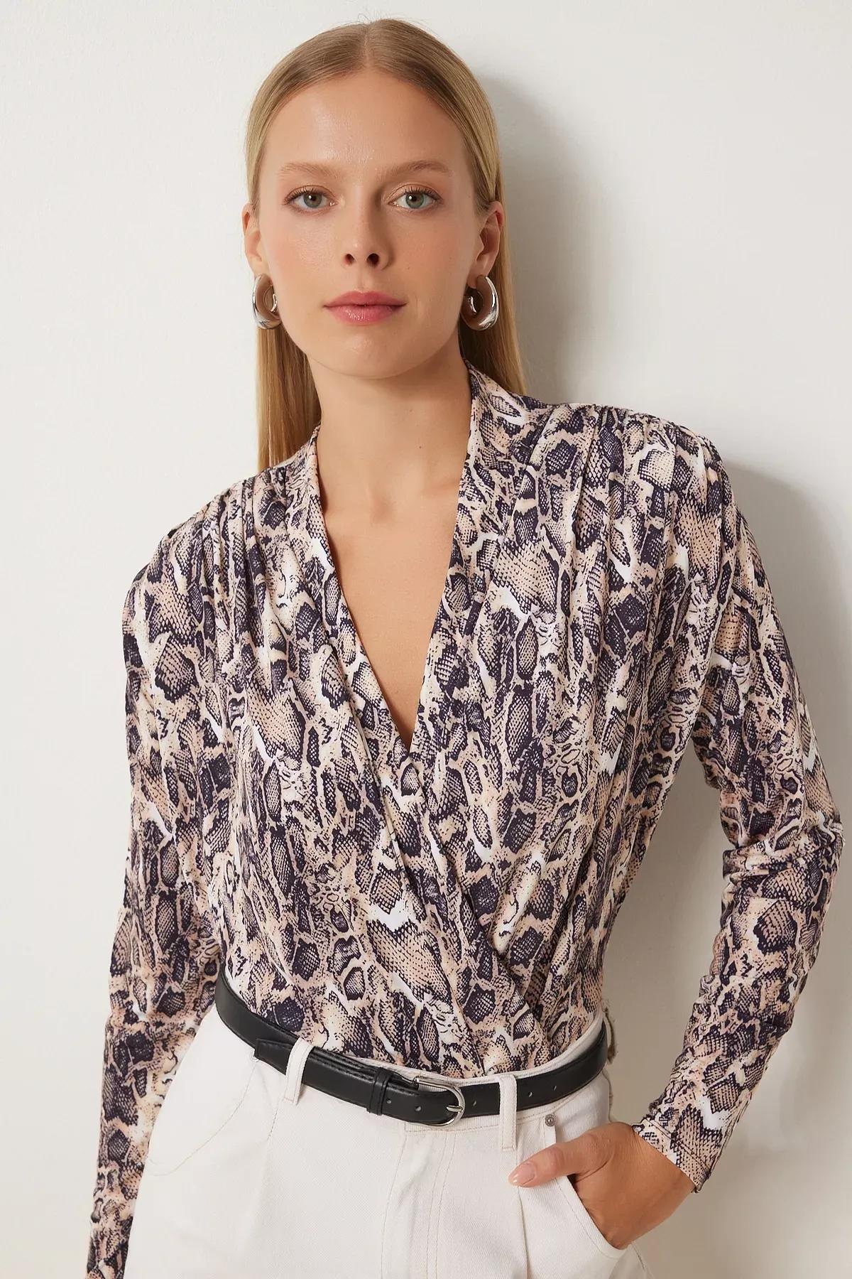 Beige Snake Patterned Collar Blouse, , large image number 0
