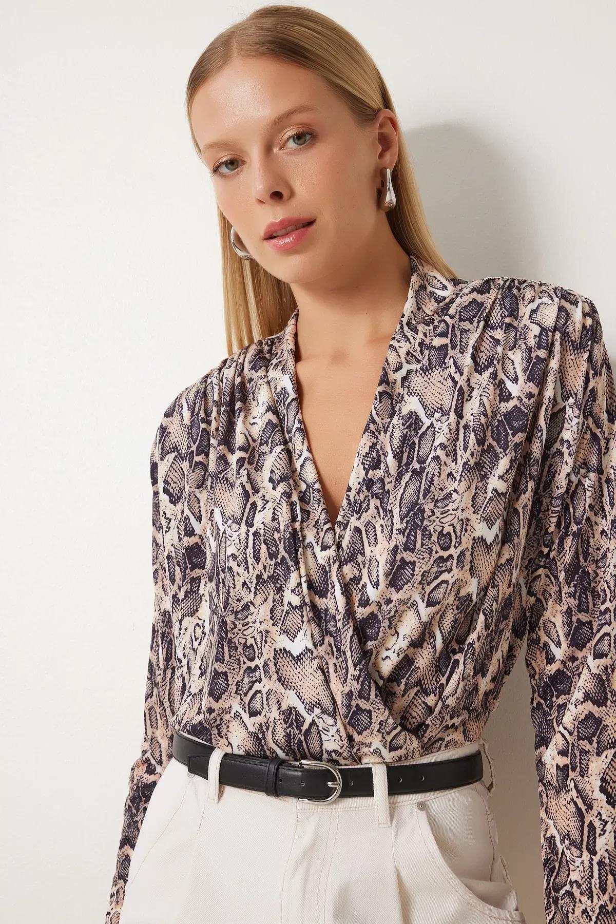 Beige Snake Patterned Collar Blouse, , large image number 1