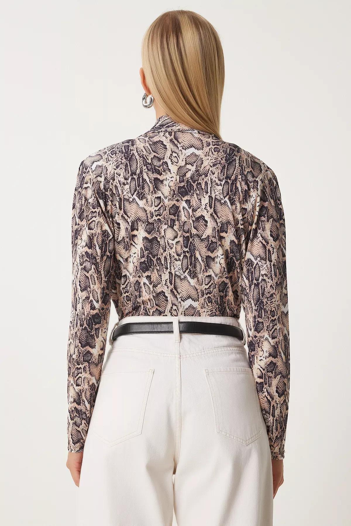 Beige Snake Patterned Collar Blouse, , large image number 3